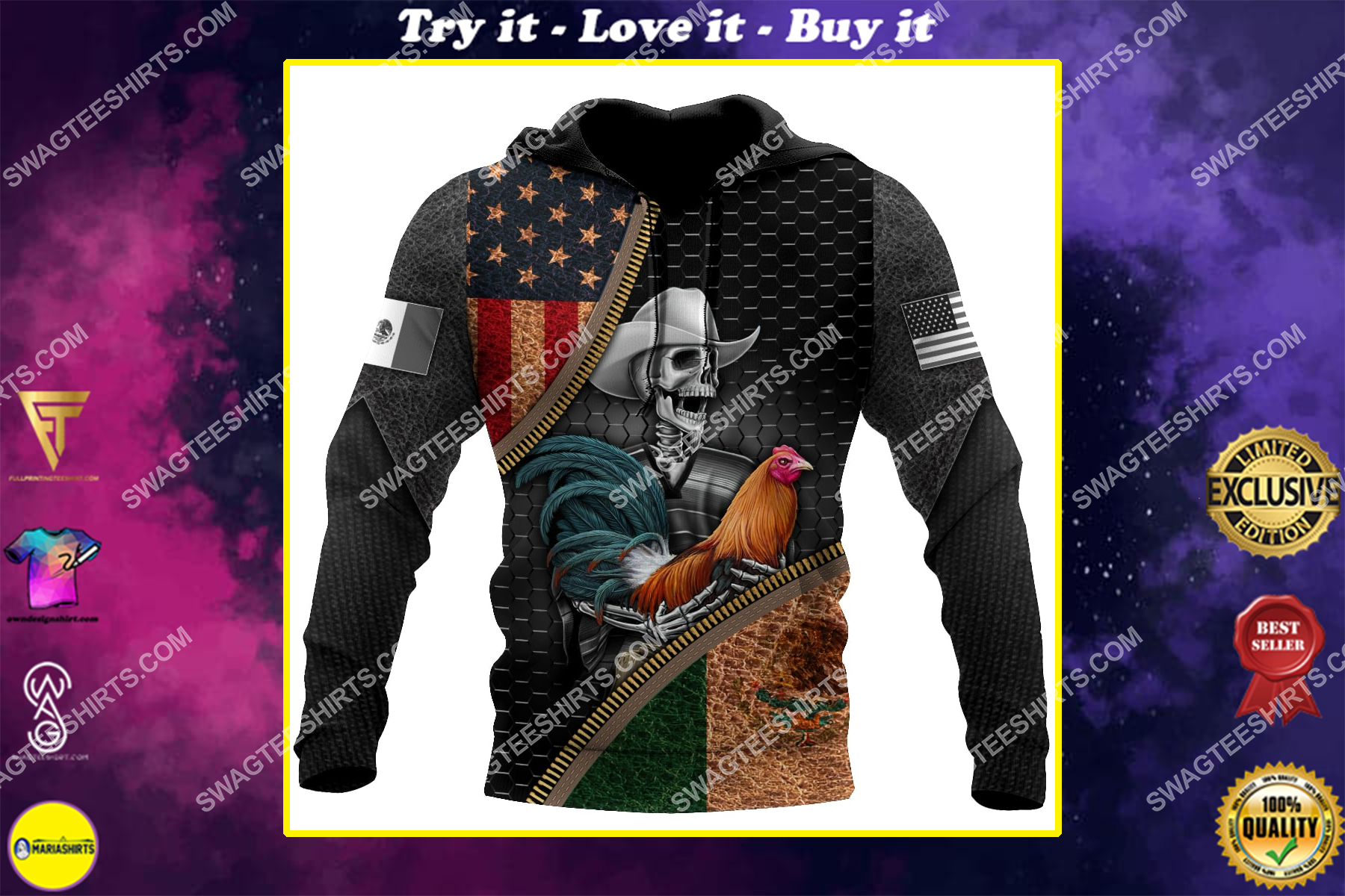skull the rooster american flag and mexican flag full printing shirt 1