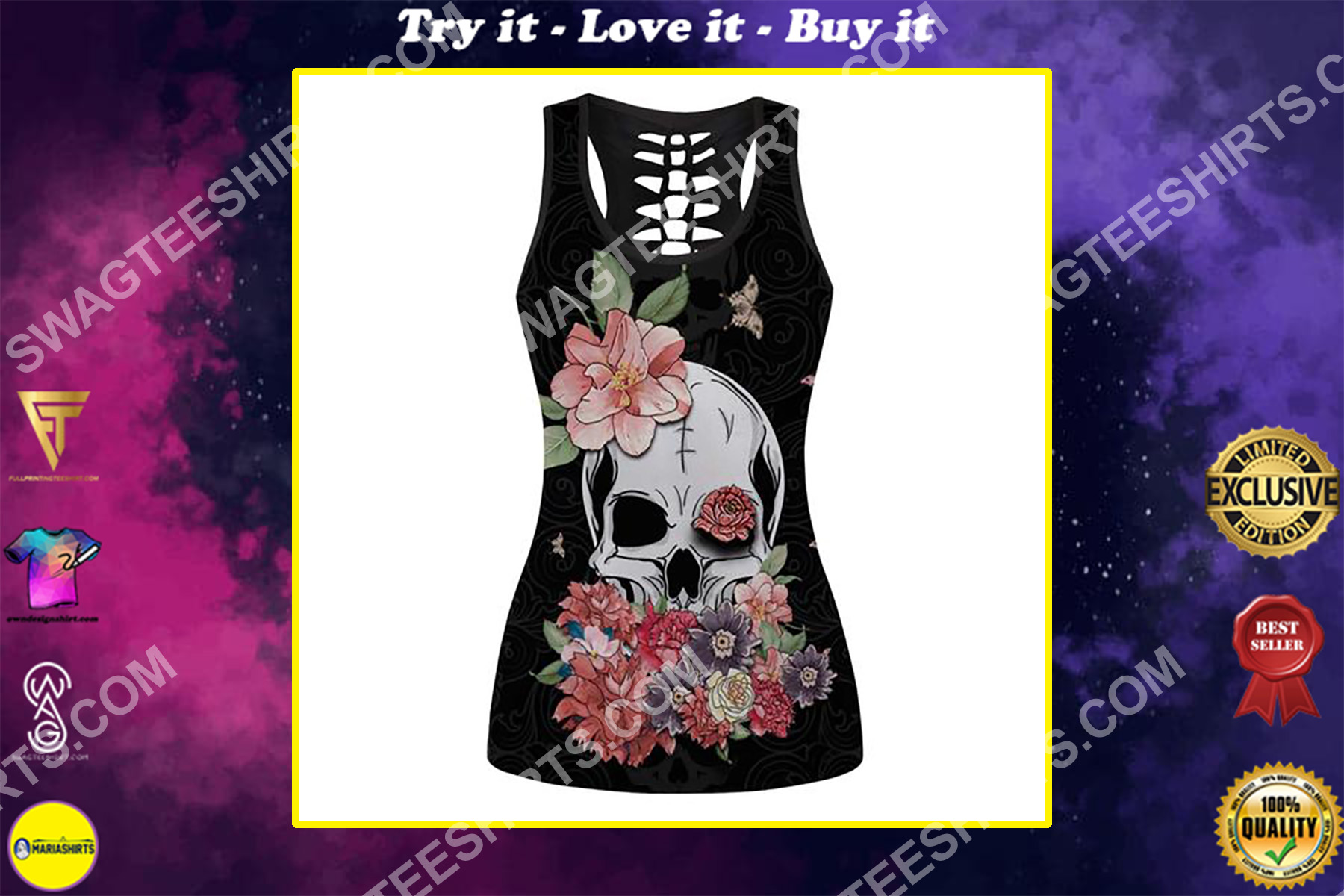 skull with flowers and butterfly full printing hollow tank top