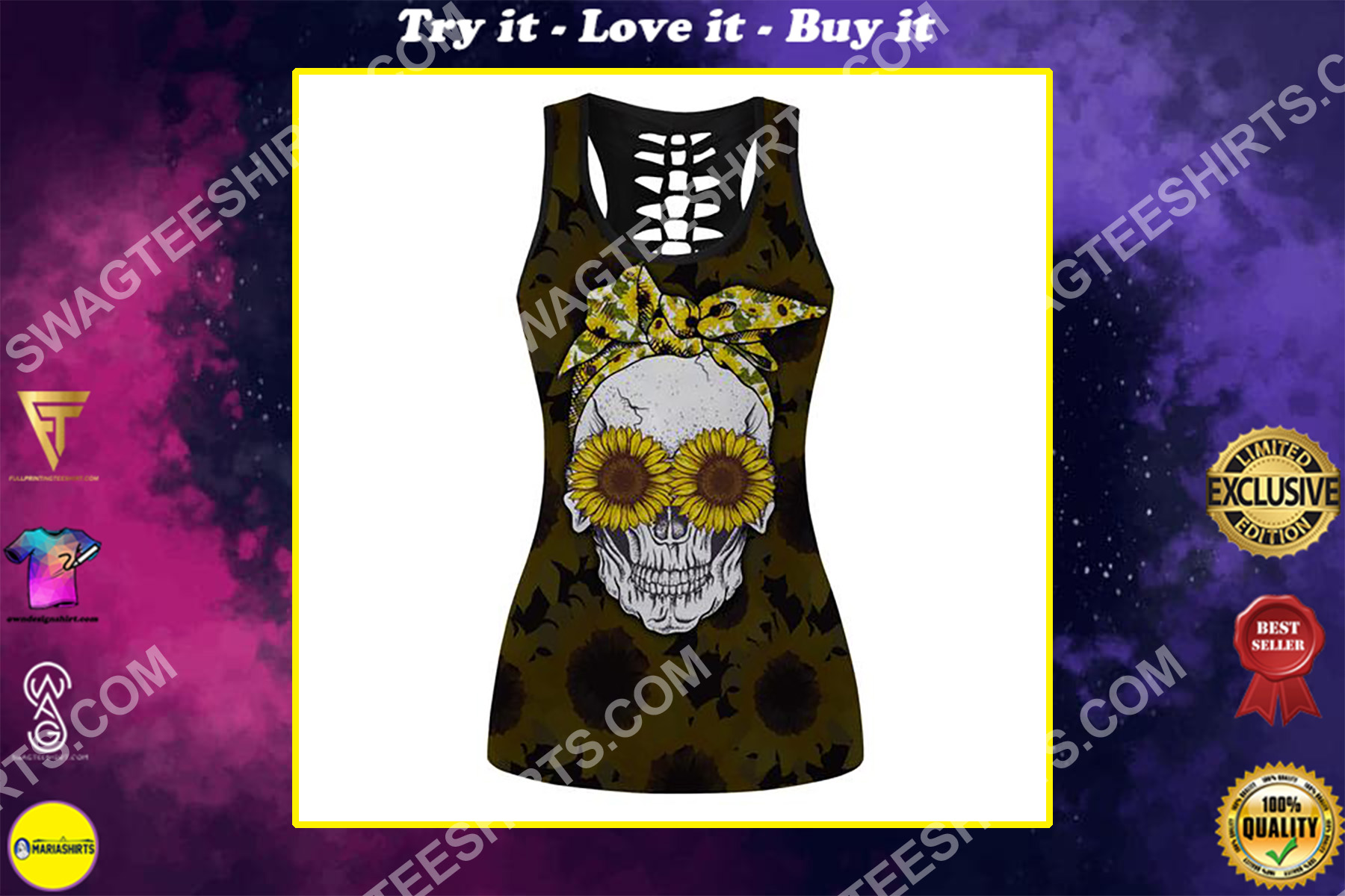 skull with glasses sunflower full printing hollow tank top