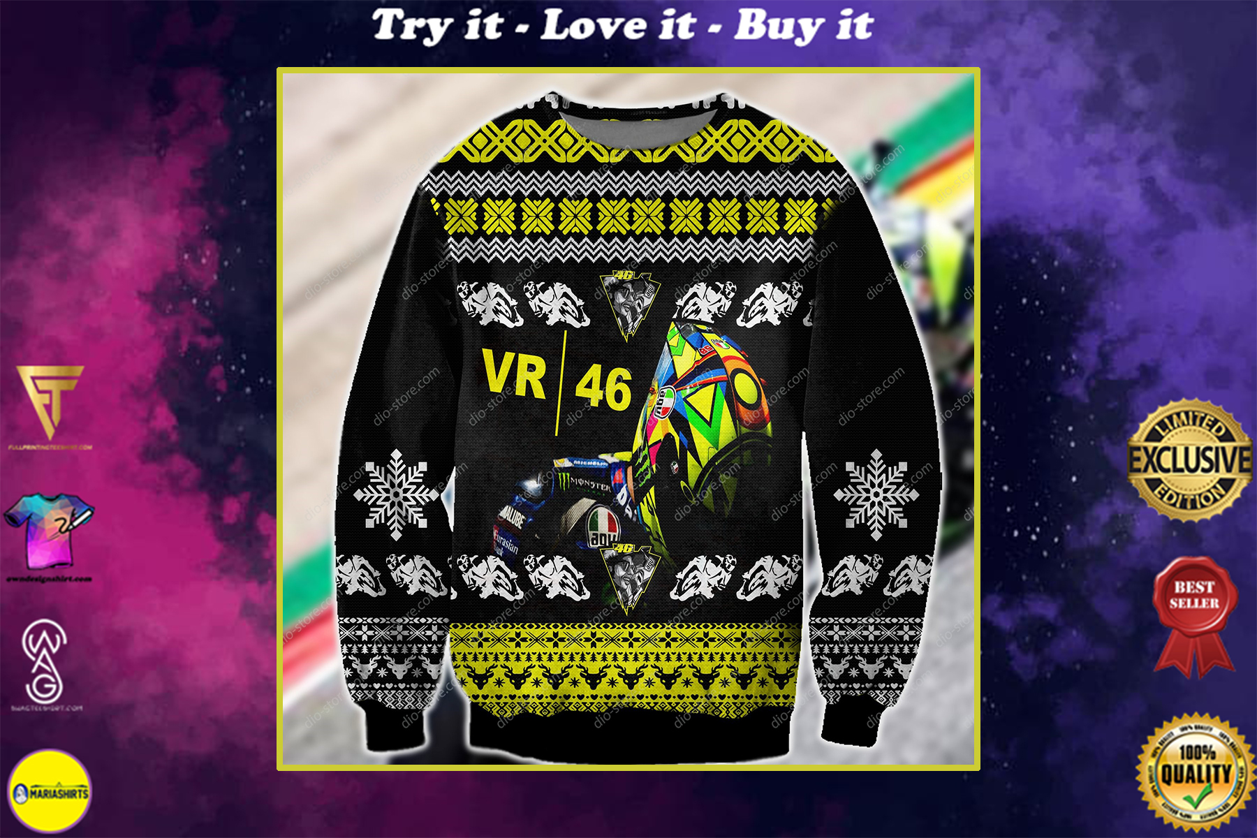 sky racing vr46 all over printed ugly christmas sweater