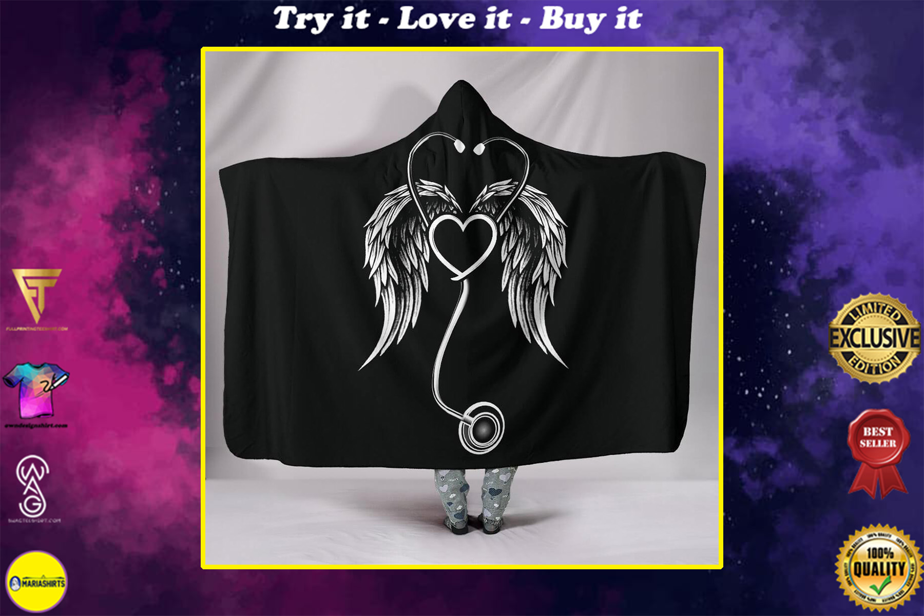 stethoscope with wings nurse full over print hooded blanket