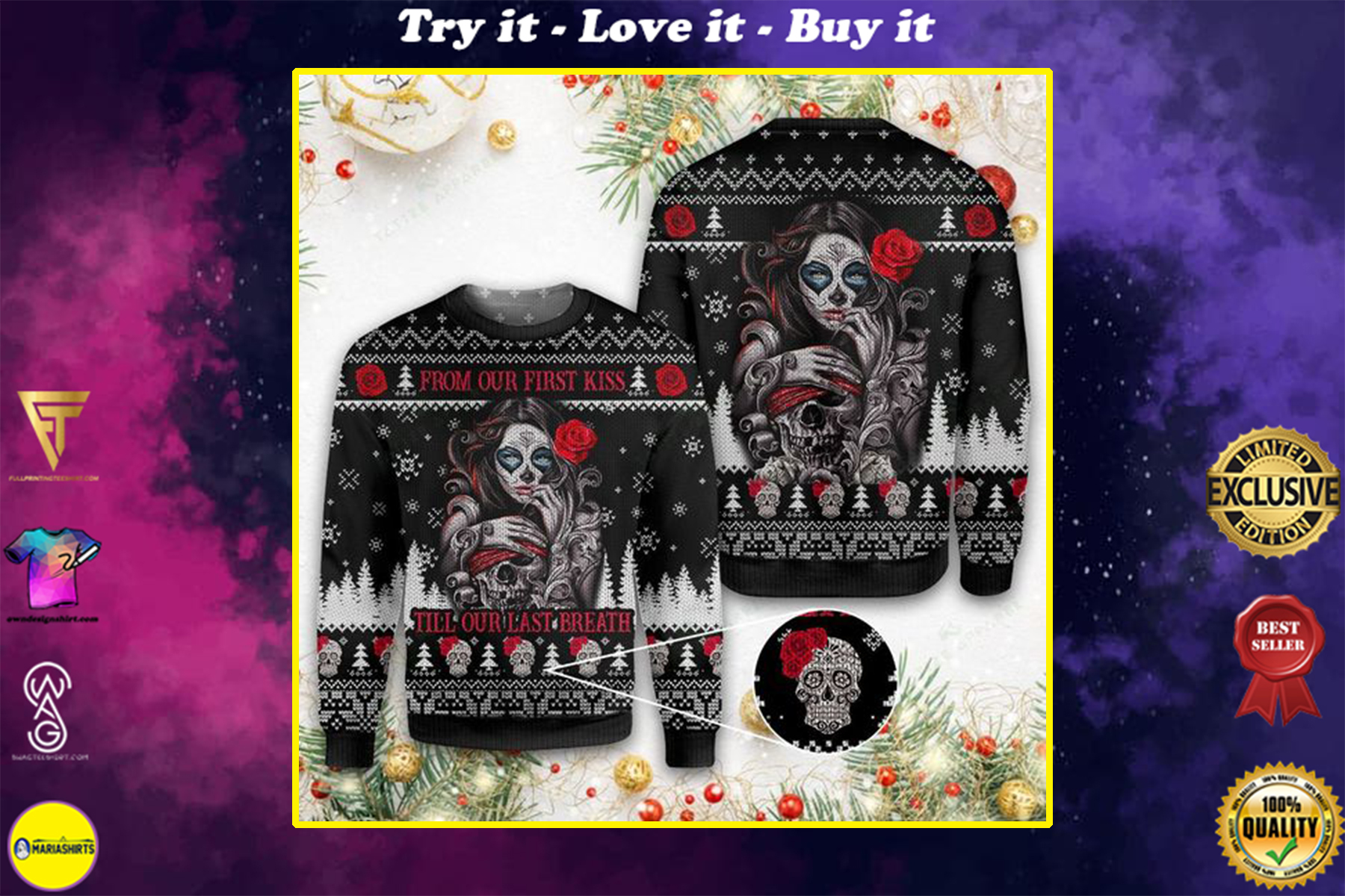 sugar skull from our first kiss till our last breath ugly christmas sweater