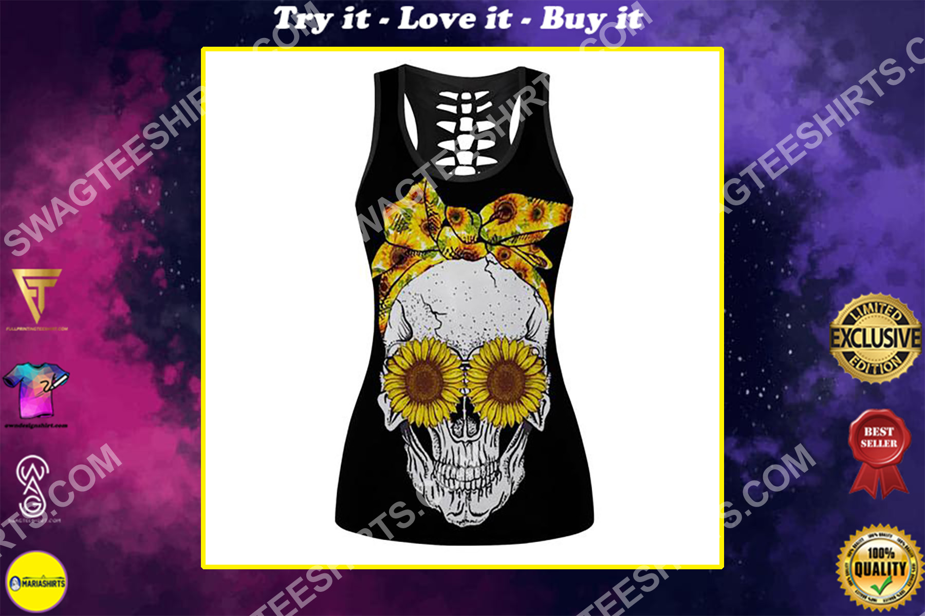 sunflower and skull full printing hollow tank top