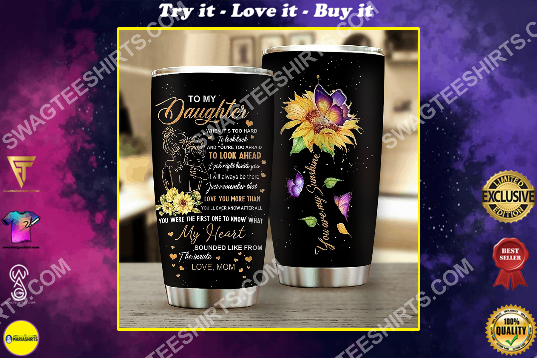 sunflower to my daughter all over printed stainless steel tumbler