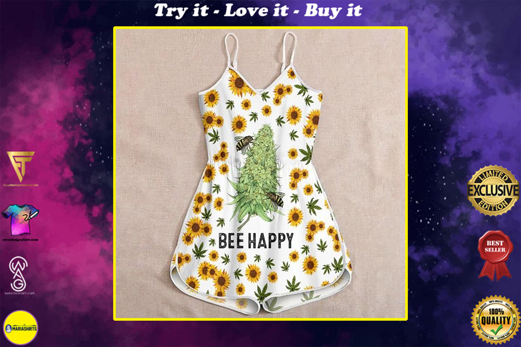 sunflower weed bee happy all over print rompers