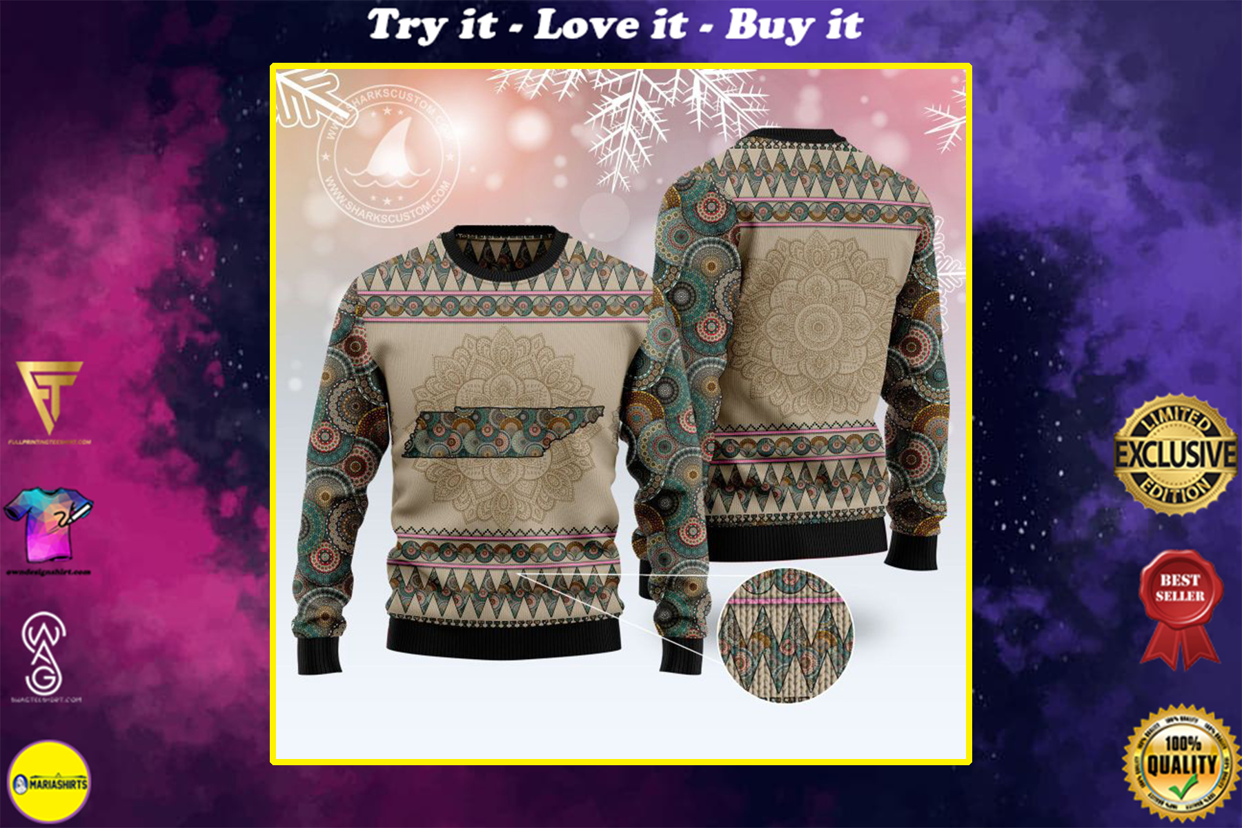 tennessee mandala all over printed ugly christmas sweater