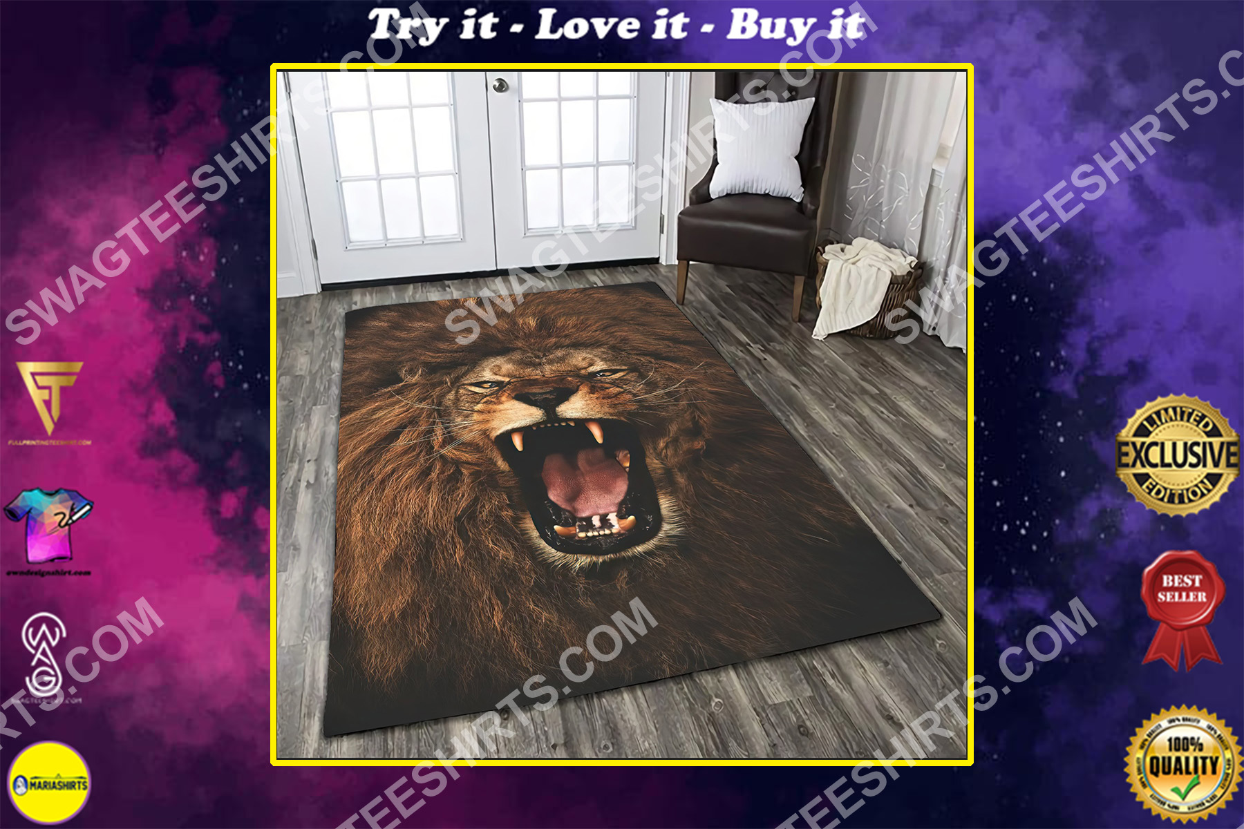the alpha king lion all over printed rug
