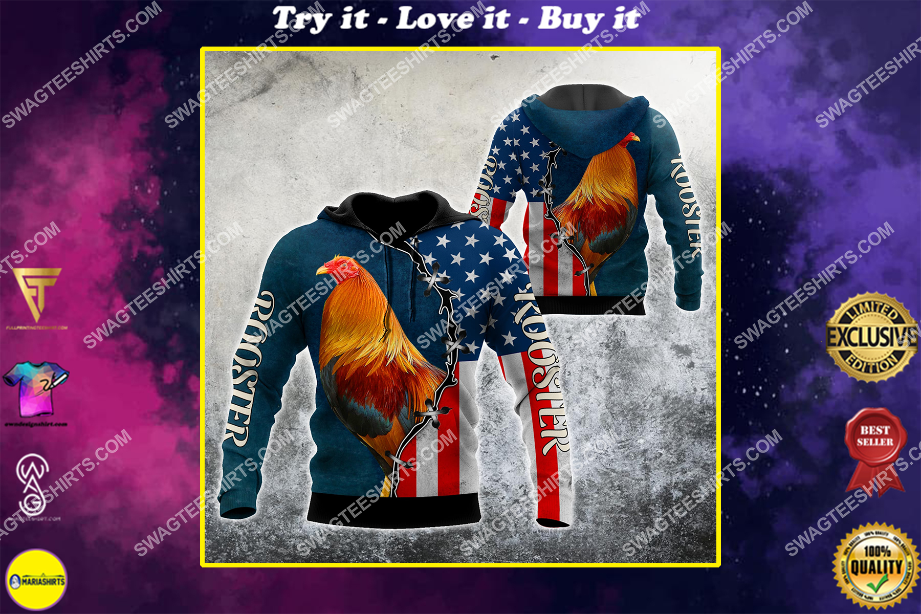 the american flag and rooster chicken full printing shirt 1