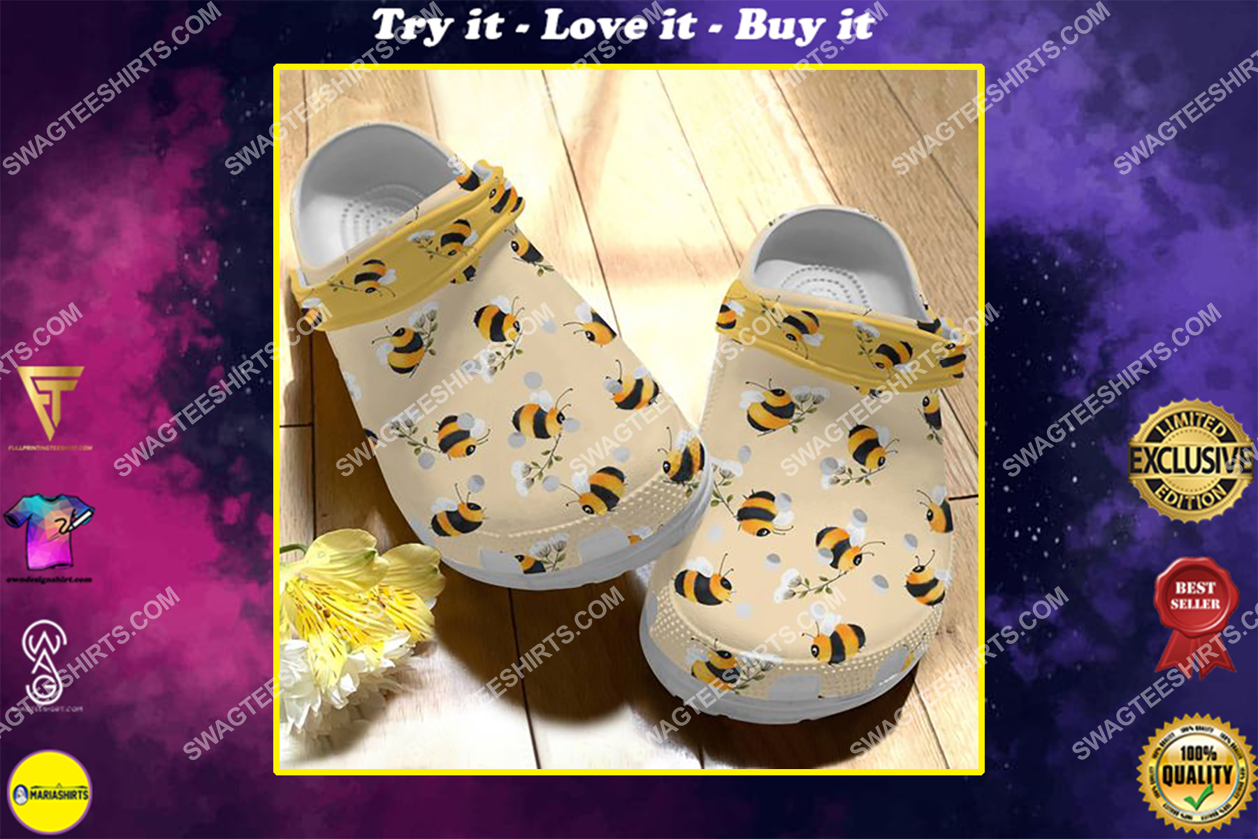 the bee lovers all over printed crocs