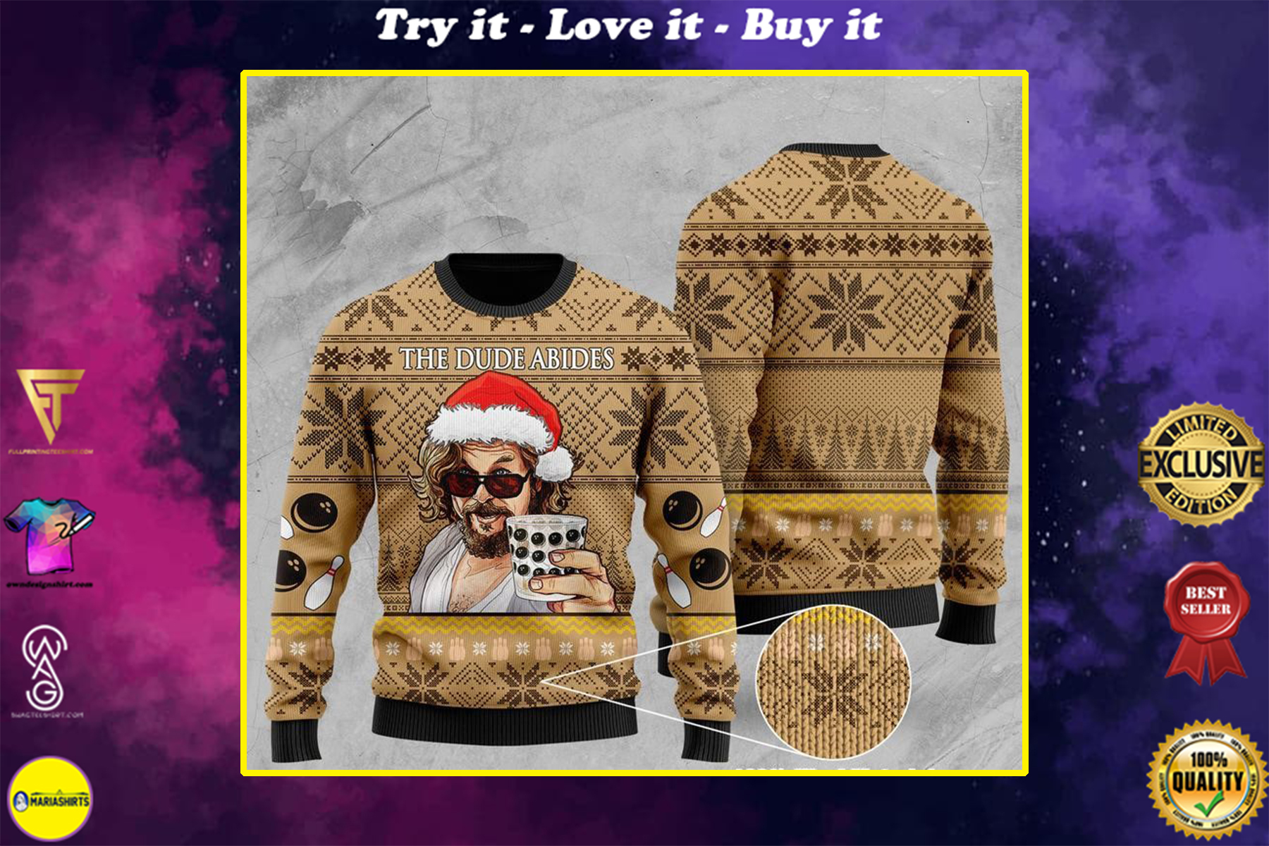 the dude abides the big lebowski all over printed ugly christmas sweater