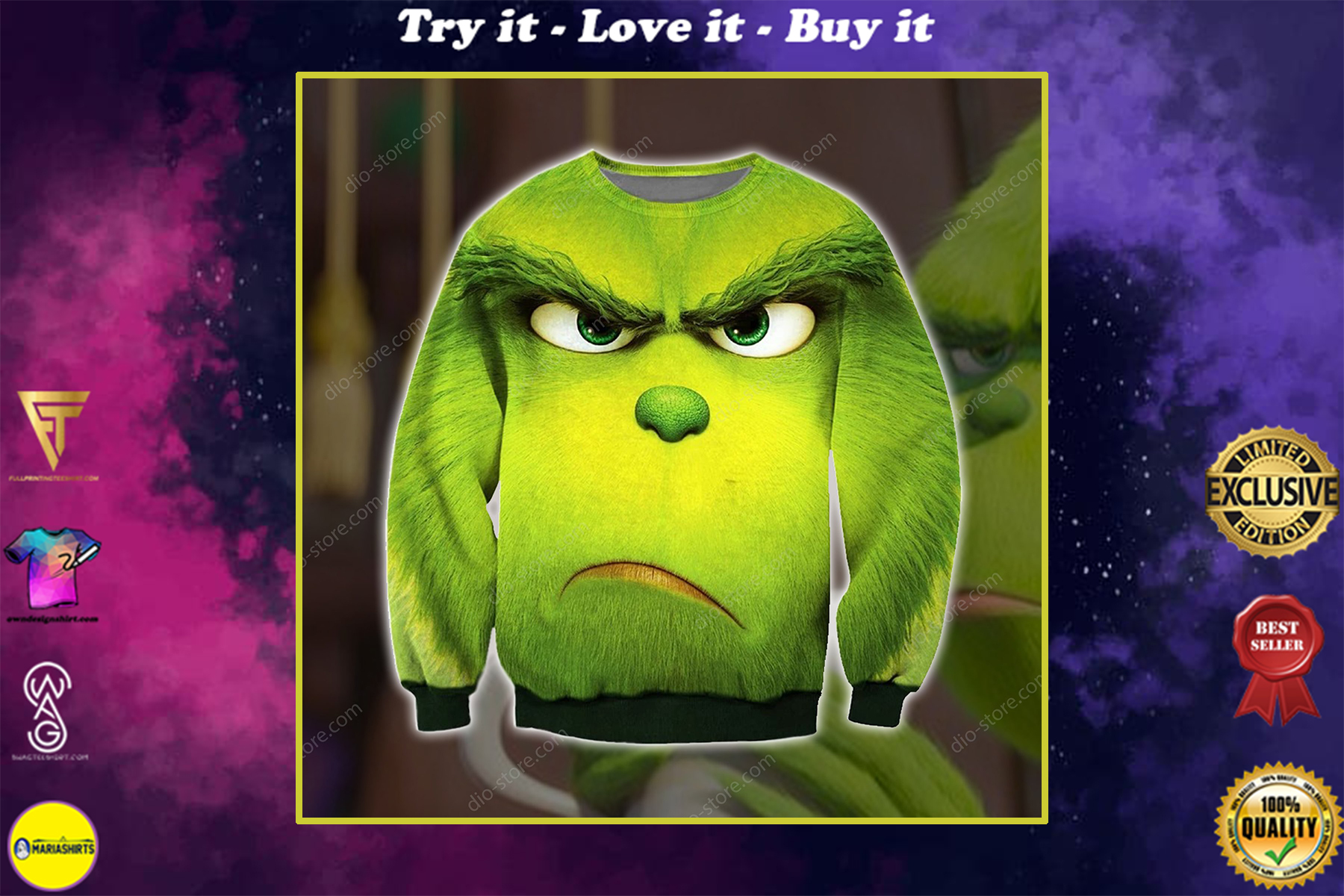 the grinch face all over printed ugly christmas sweater