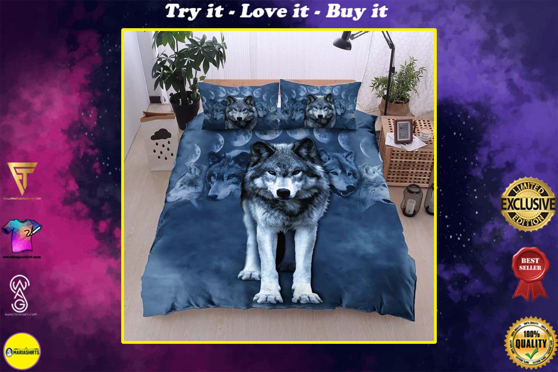 the moon and wolf full printing bedding set