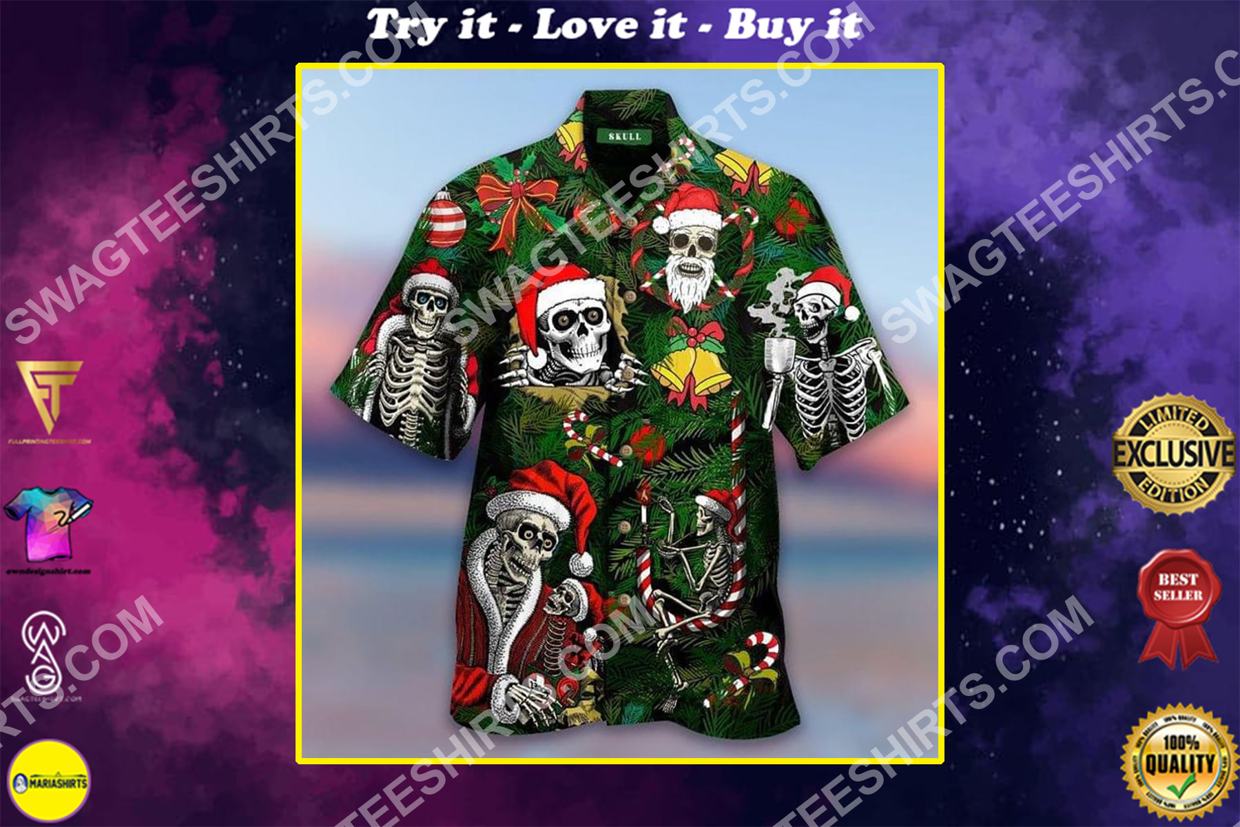 the skull and merry christmas all over printed hawaiian shirt