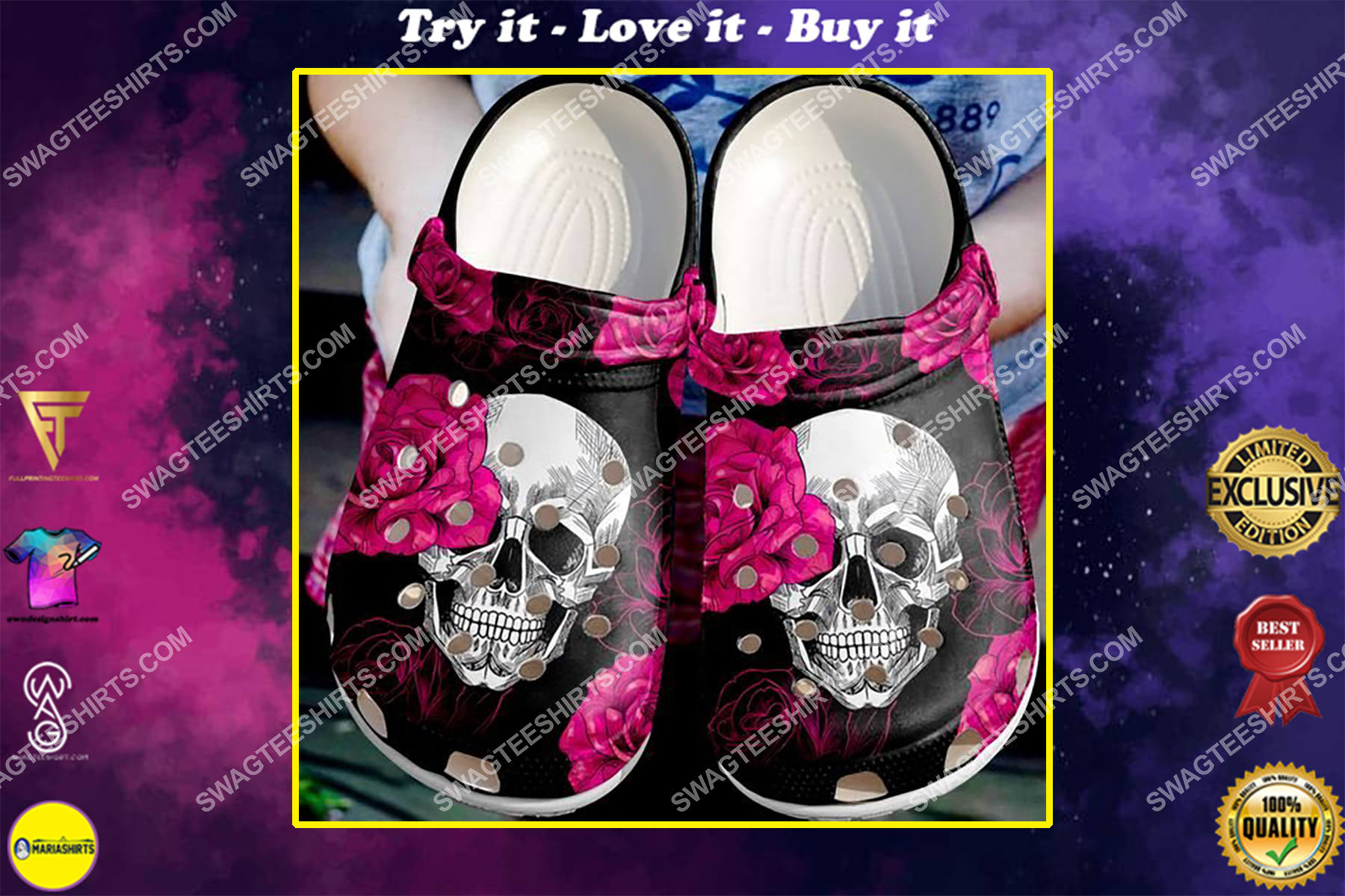 the skull and rose all over printed crocs
