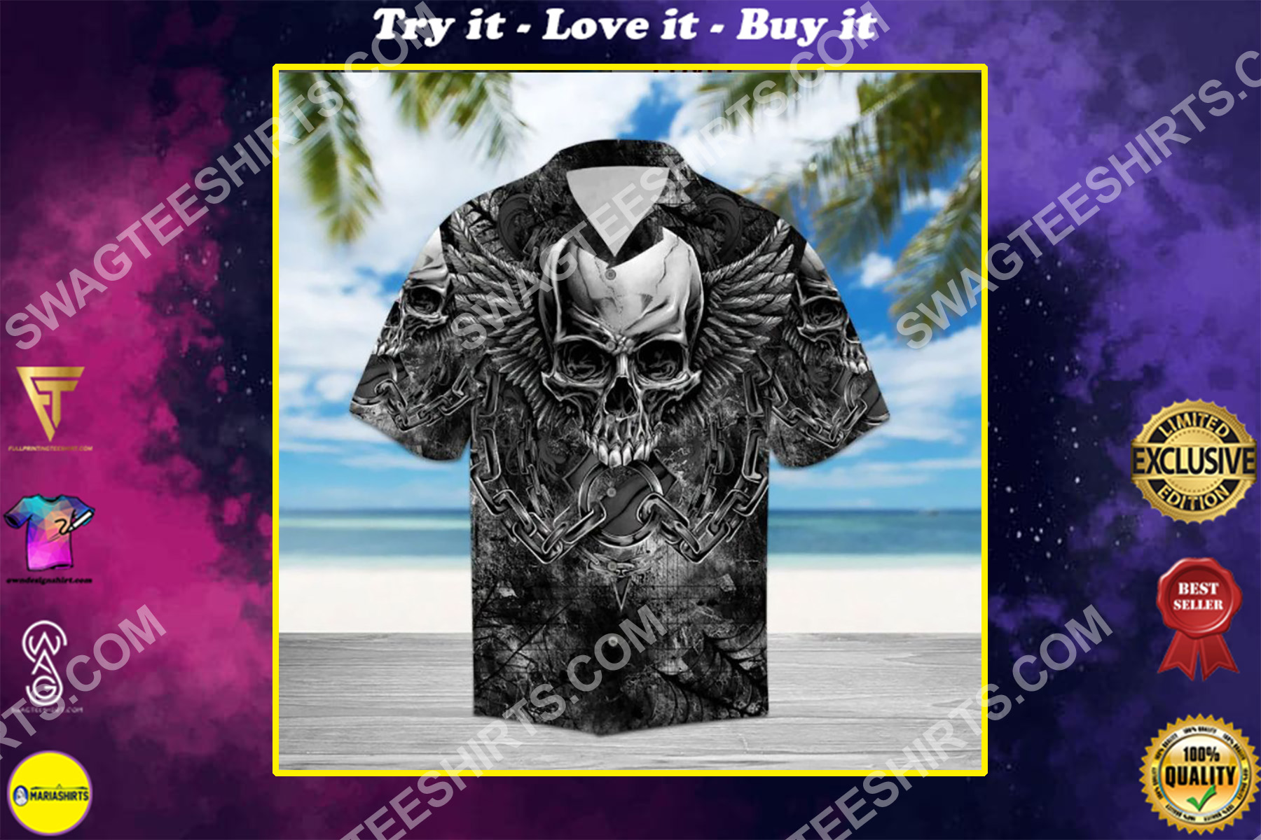 the skull and wings all over printed hawaiian shirt