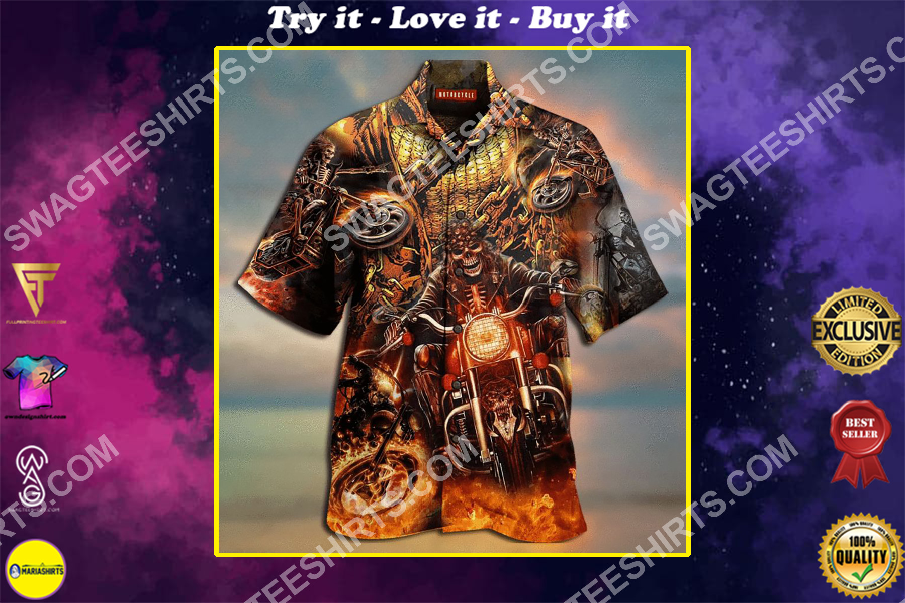 the skull biker fire all over printed hawaiian shirt