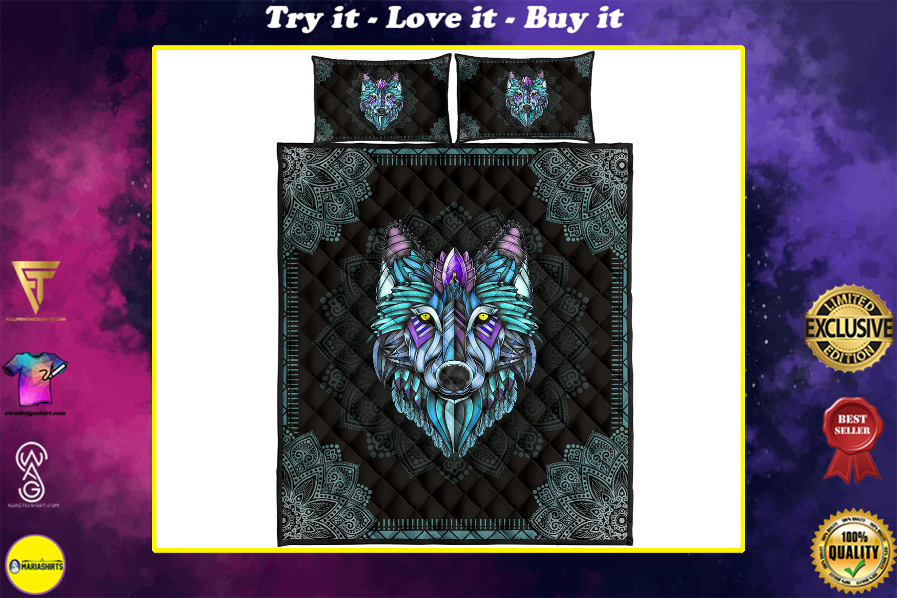 the wolf in the night mandala all over print bedding set
