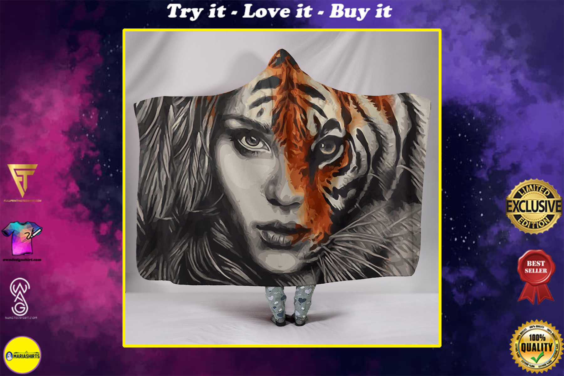 tiger girl full over printed hooded blanket