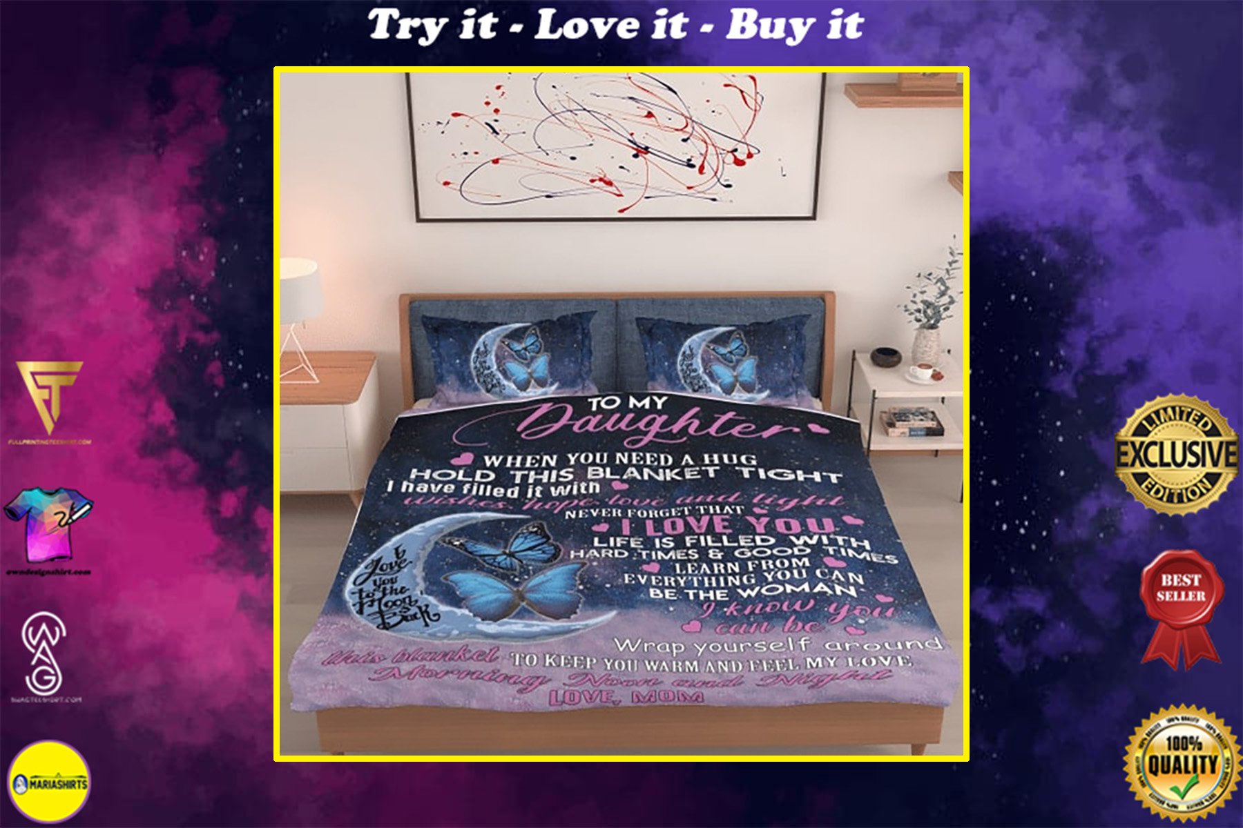 to my daughter i love you to the moon and back love mom full printing bedding set