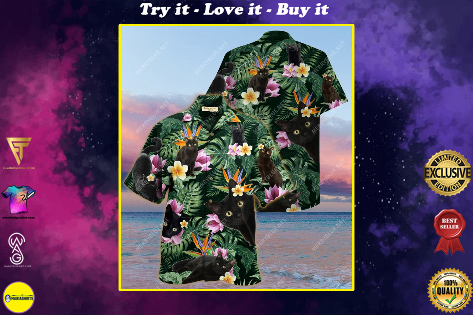 tropical flower and black cat all over printed hawaiian shirt