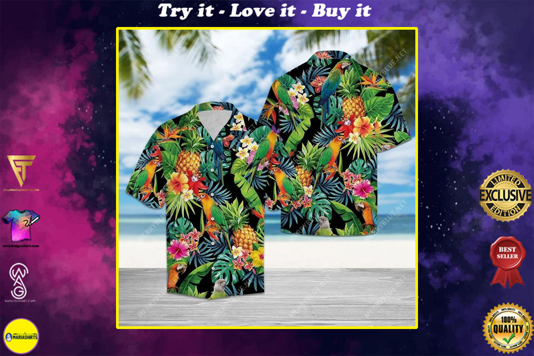 tropical parrot all over printed hawaiian shirt