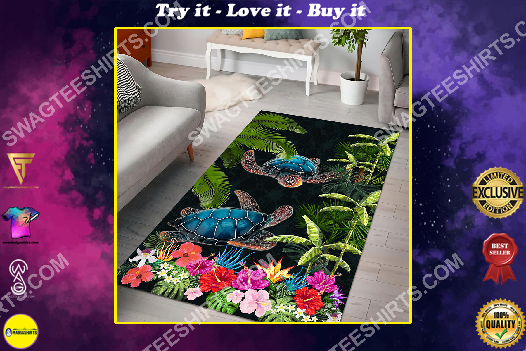 tropical sea turtle couple all over printed rug