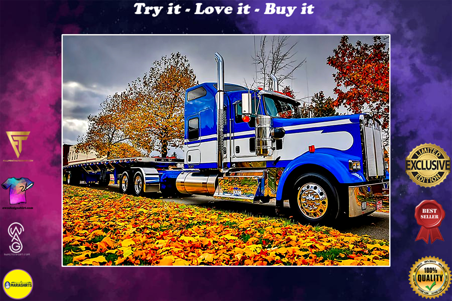 trucker semi truck in autumn vintage poster