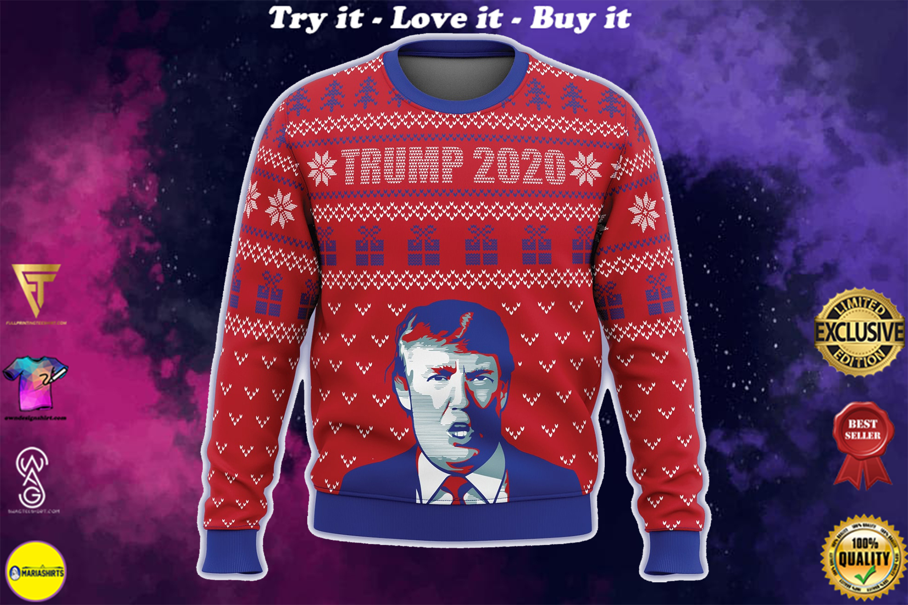 trump 2020 all over printed ugly christmas sweater
