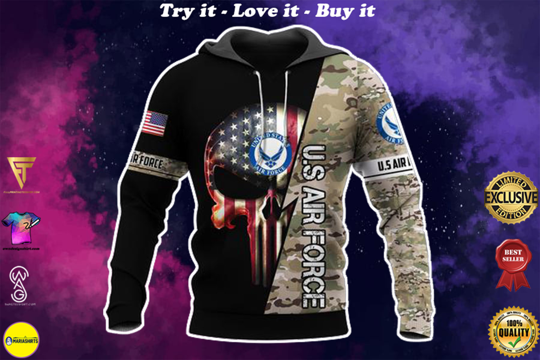 us air force skull american flag camo full over printed shirt