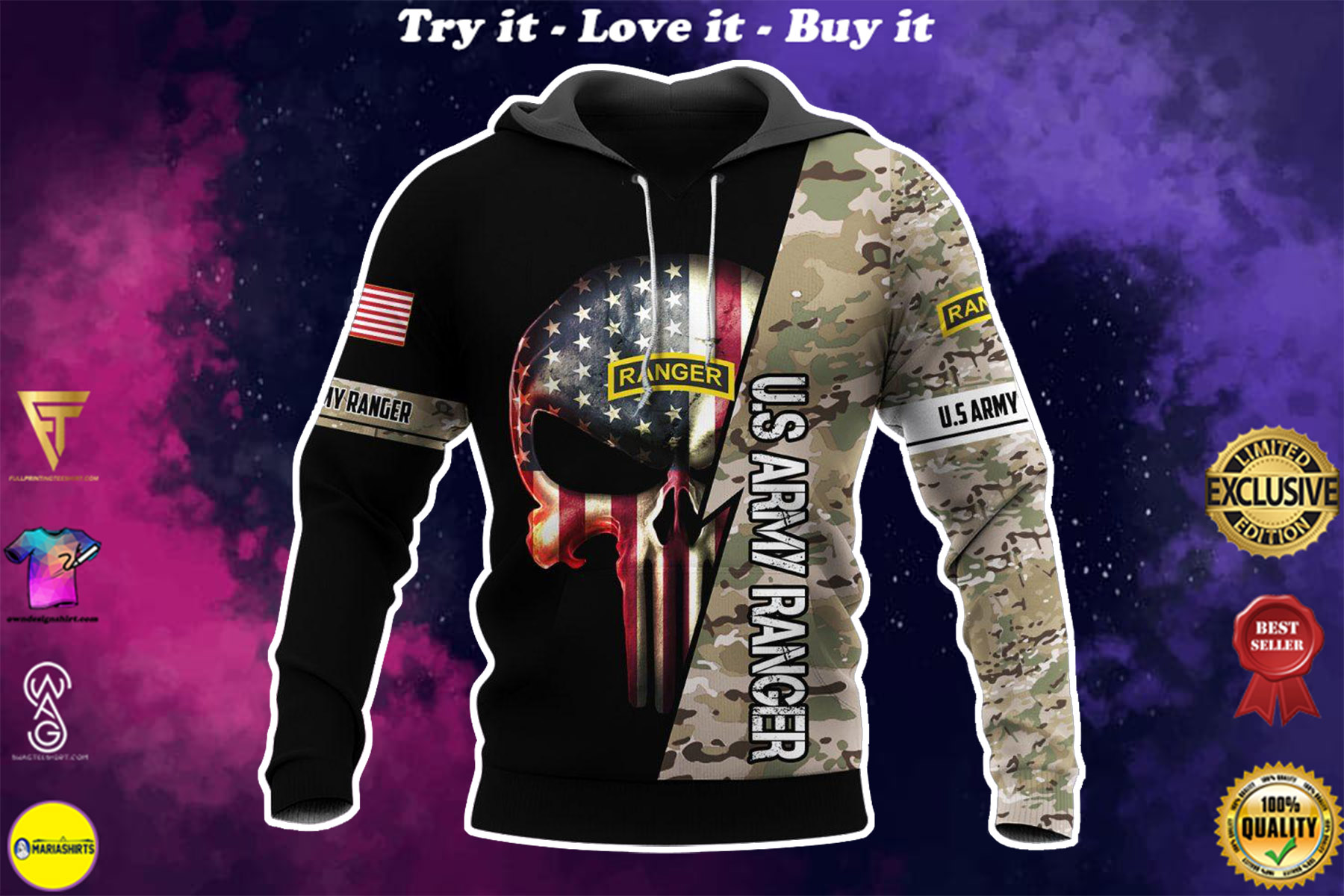 us army ranger skull american flag camo full over printed shirt