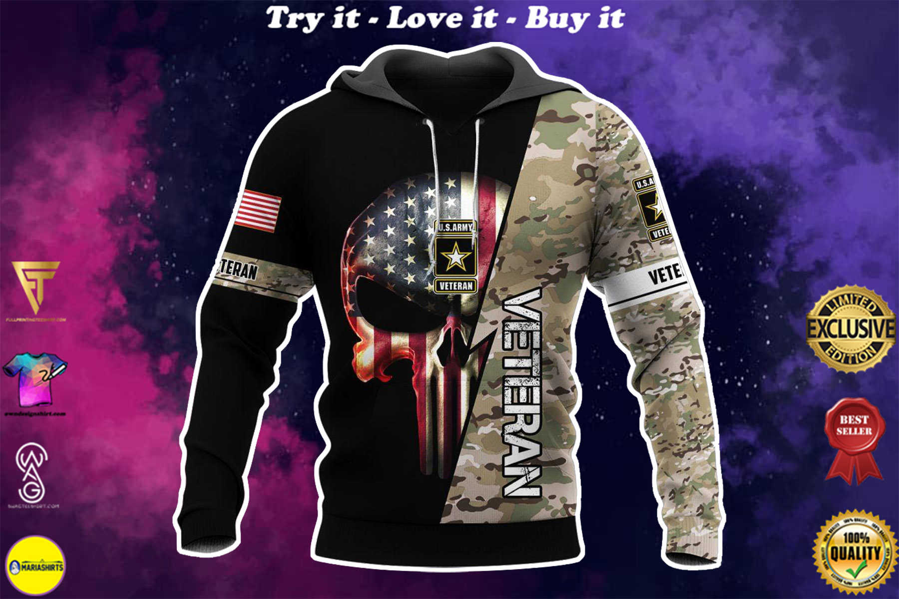 us army veteran skull american flag camo full over printed shirt