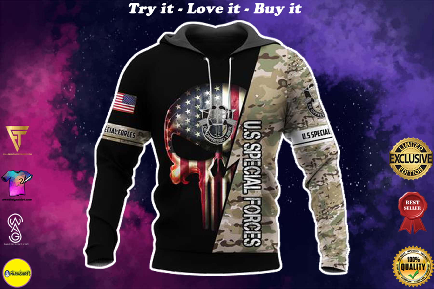 us special forces skull american flag camo full over printed shirt