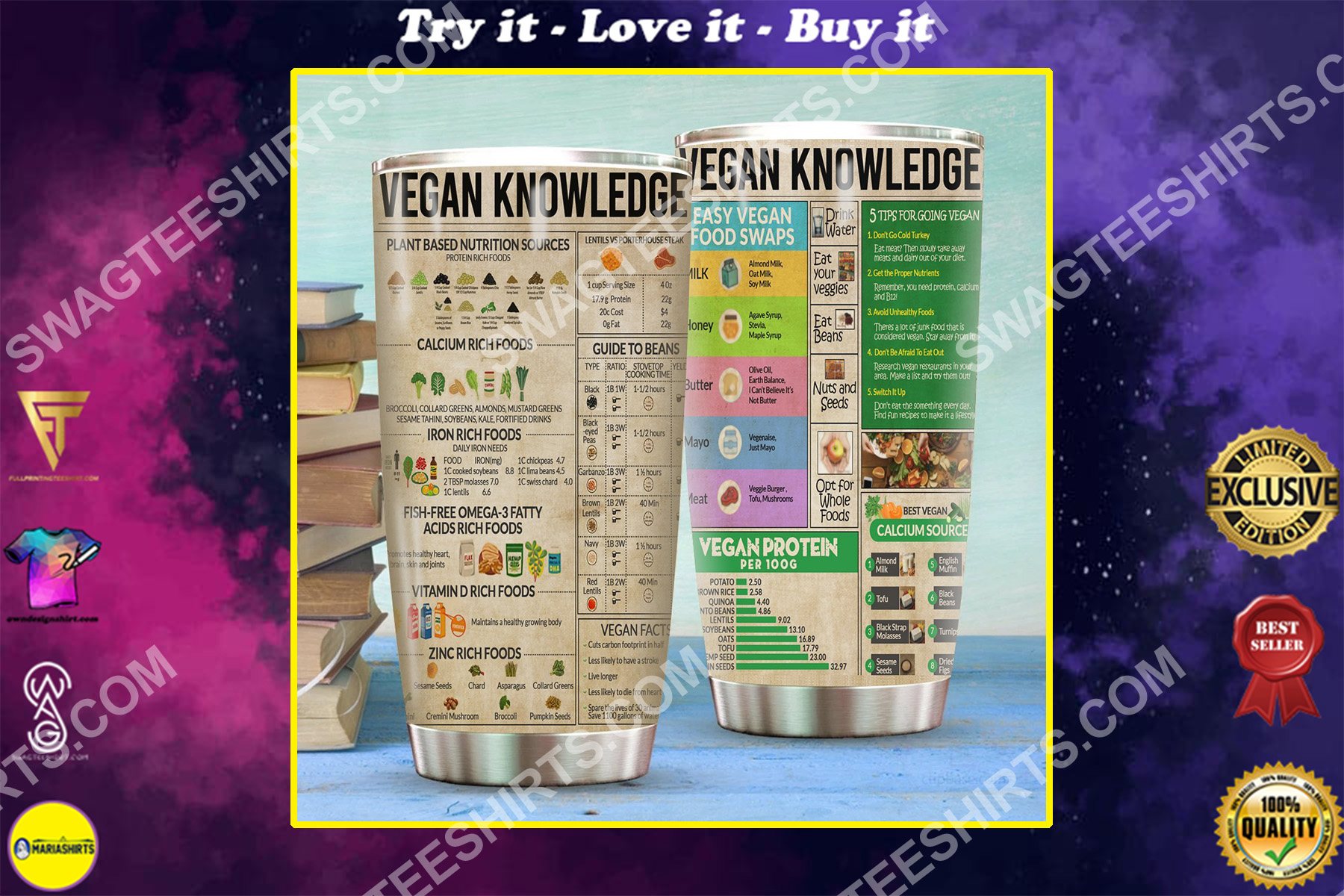vegan knowledge all over printed stainless steel tumbler