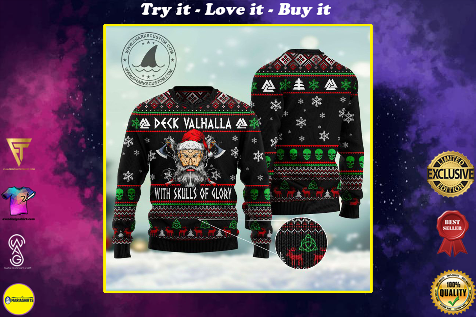 viking deck valhalla with skulls of glory all over printed ugly christmas sweater