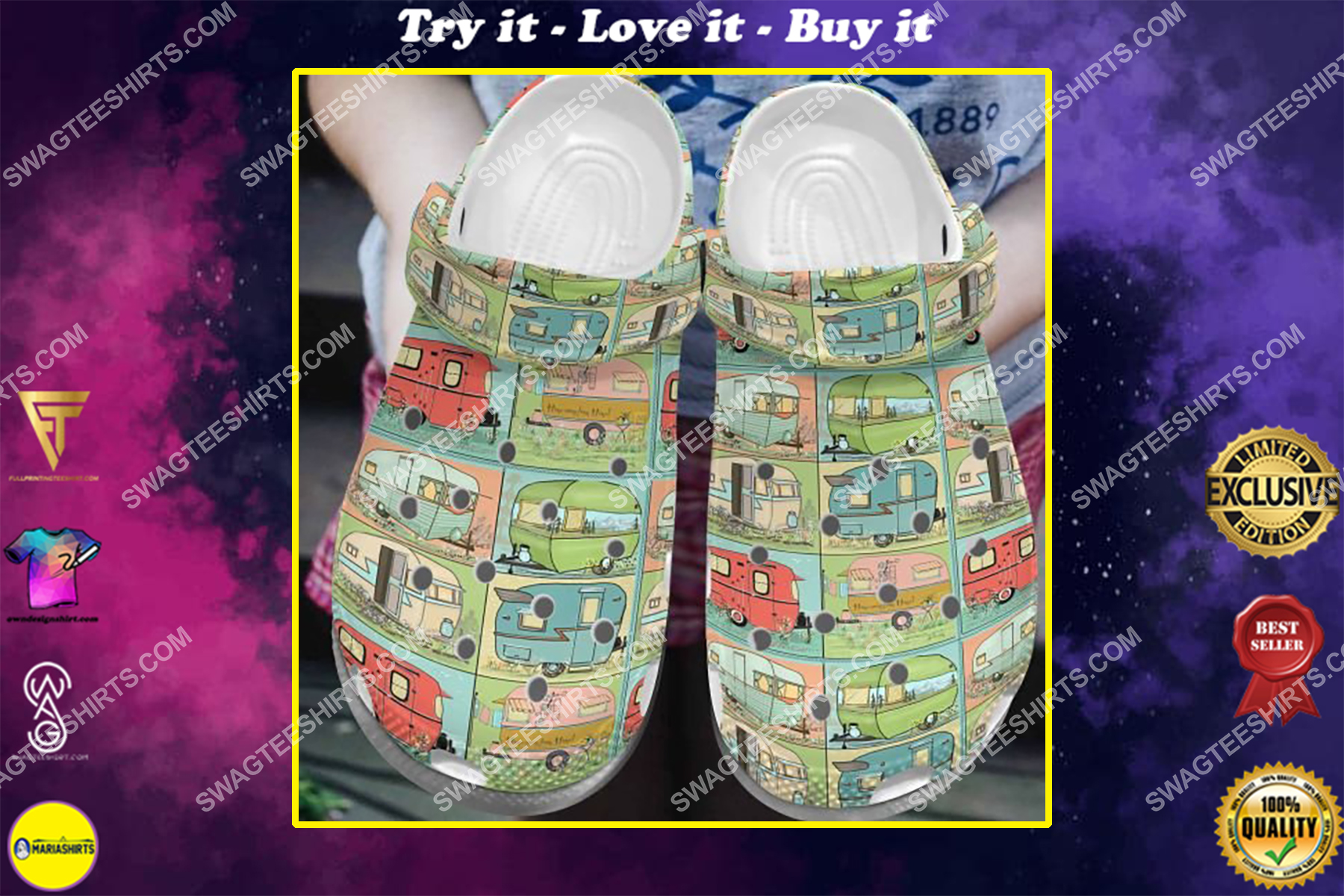 vintage camping lover all over printed crocs