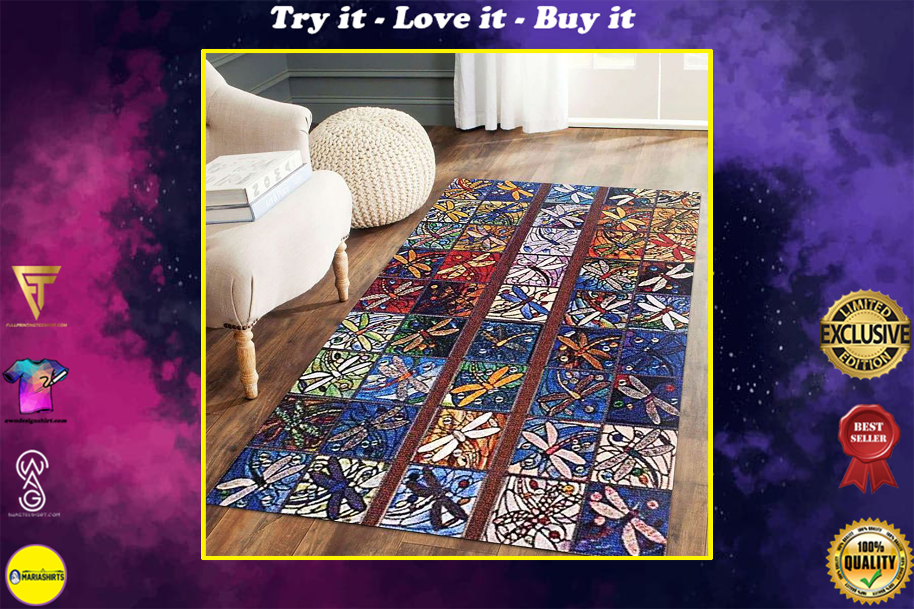 vintage dragonfly colorful all over printed rug