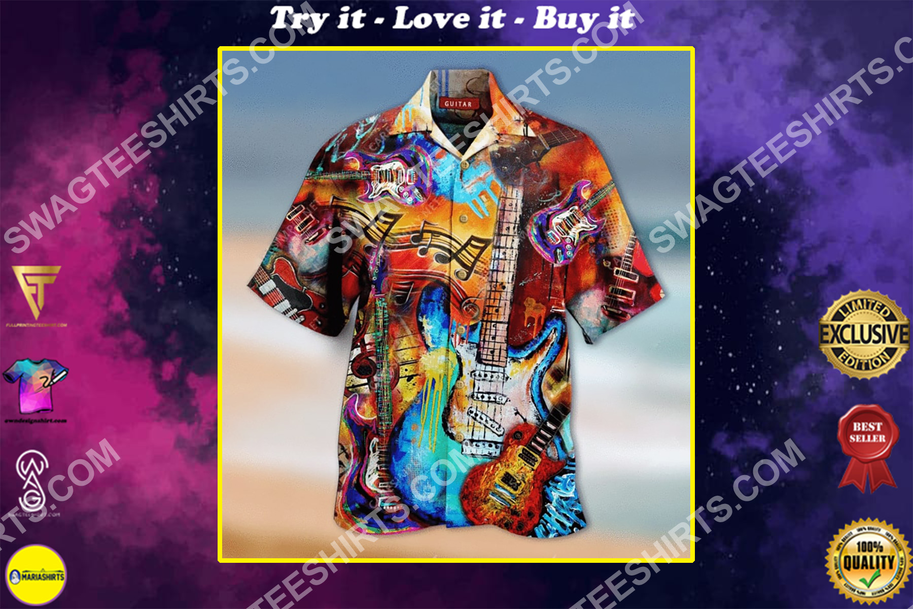 vintage guitar colorful all over printing hawaiian shirt
