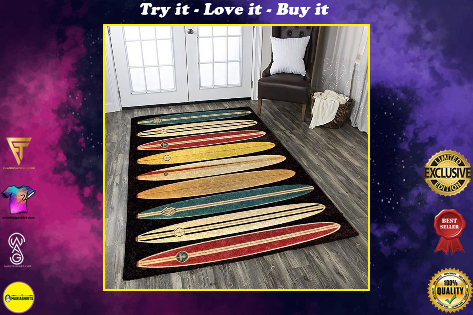 vintage surfing colorful full printing rug