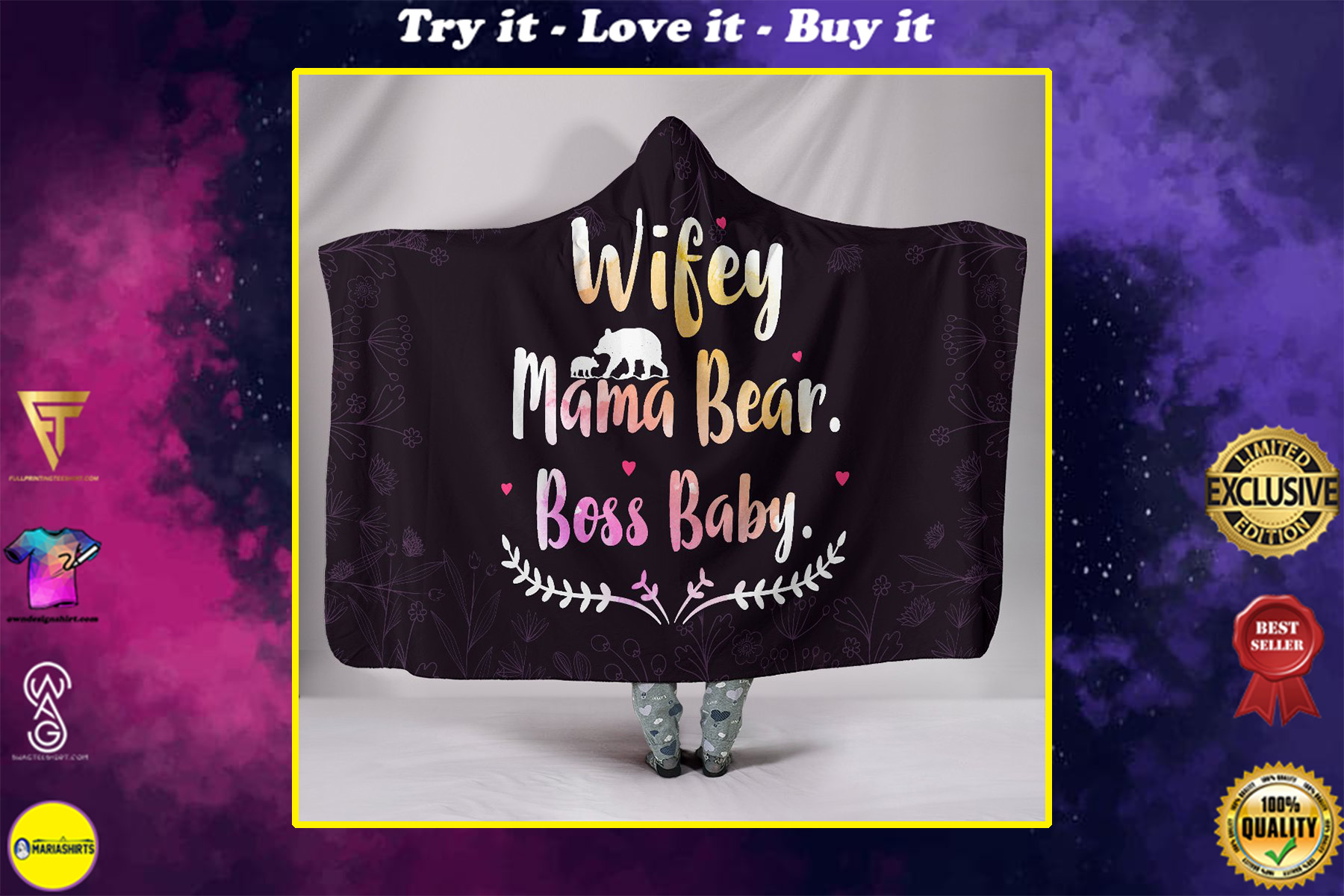 wifey mama bear boss baby all over printed hooded blanket