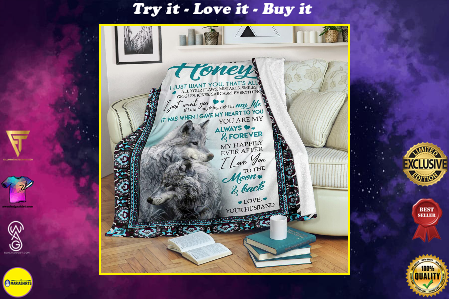 wolf message to my honey i love you to the moon and back blanket