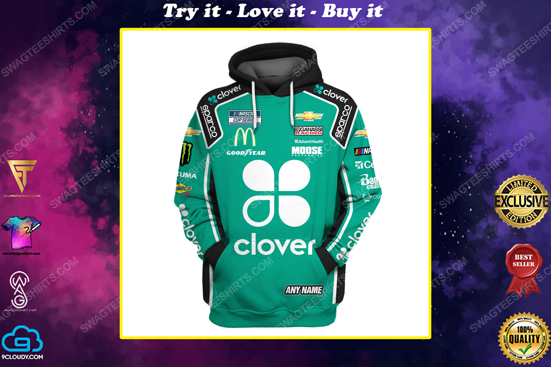 Custom clover nascar racing team motorsport full printing shirt