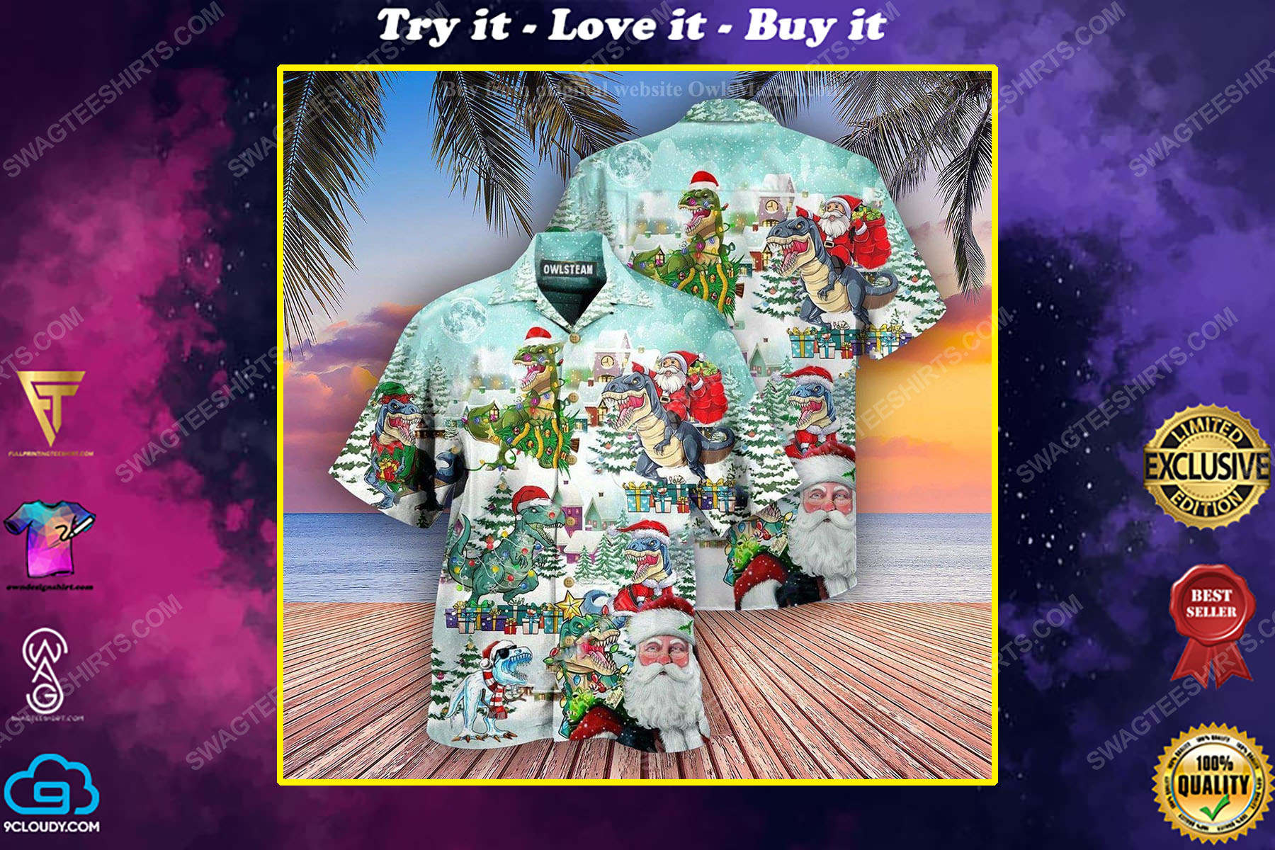 Santa claus riding a dinosaur full print hawaiian shirt