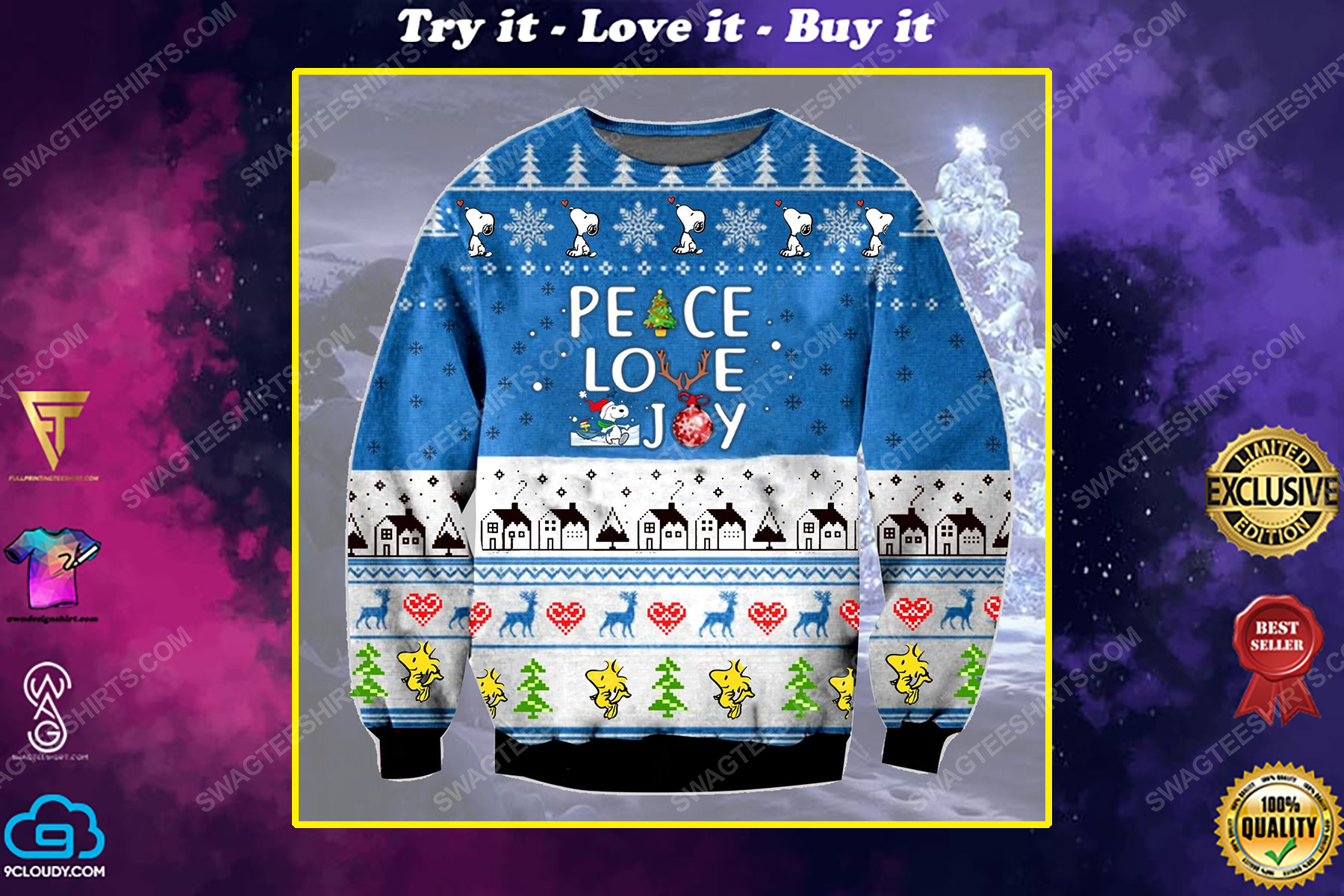 Charlie brown and snoopy peace love joy ugly christmas sweater 1
