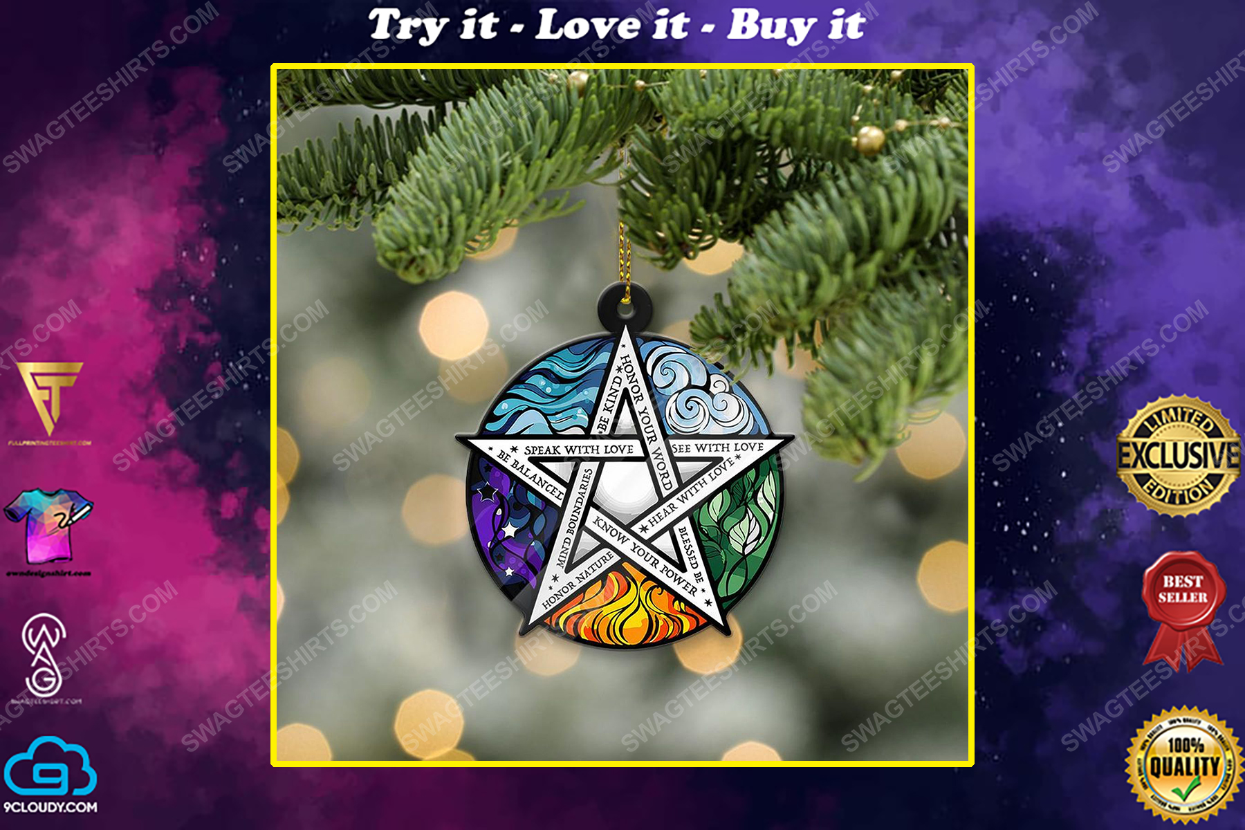 Elemental pentacle wiccan christmas gift ornament