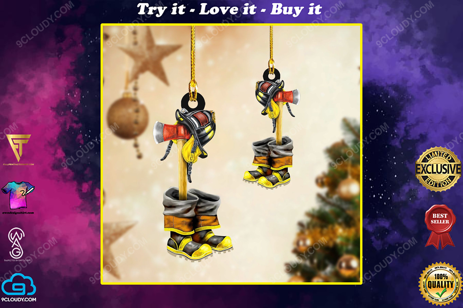 Fire ax and boots firefighter christmas gift ornament