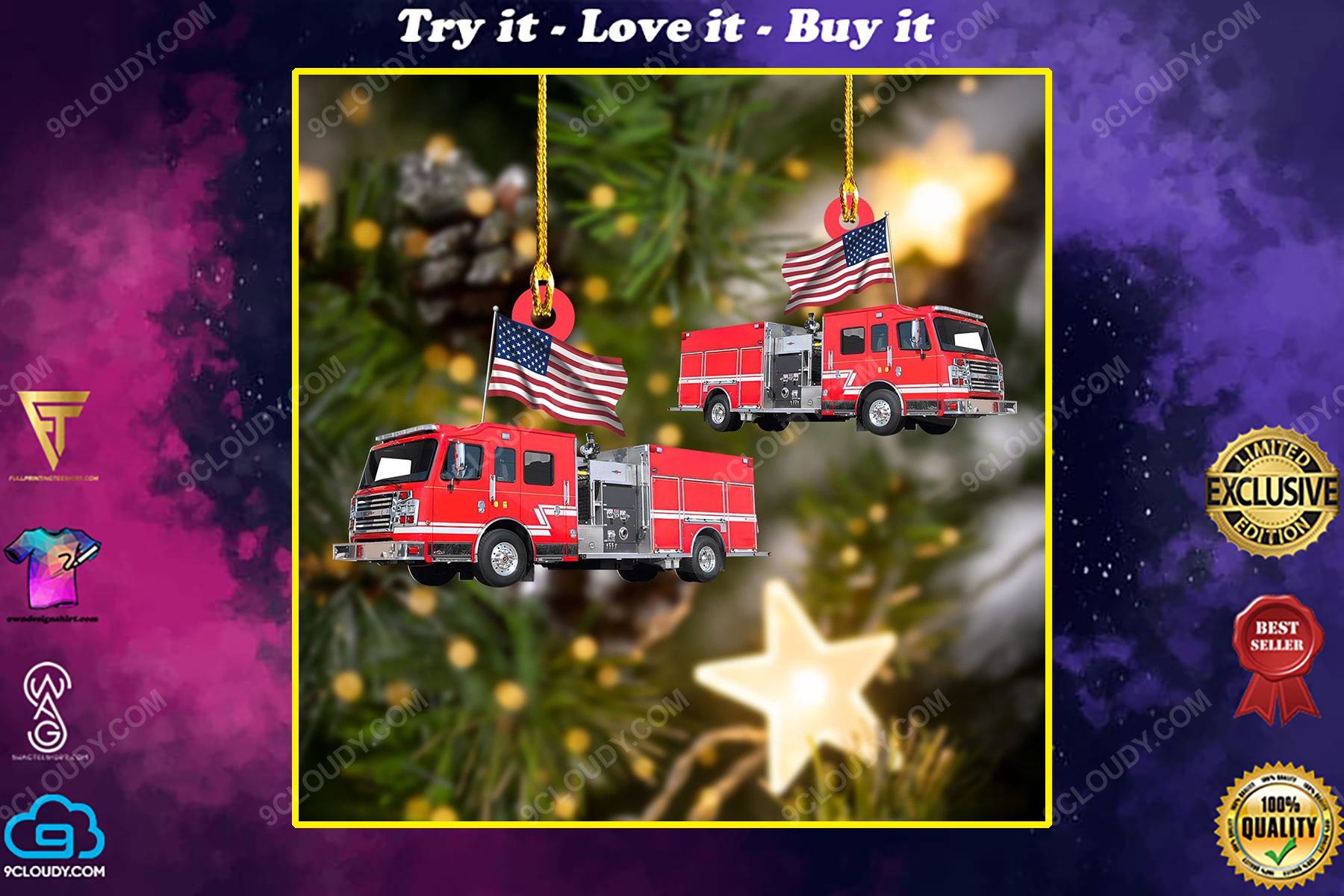 Fire engine firefighter and american flag christmas gift ornament