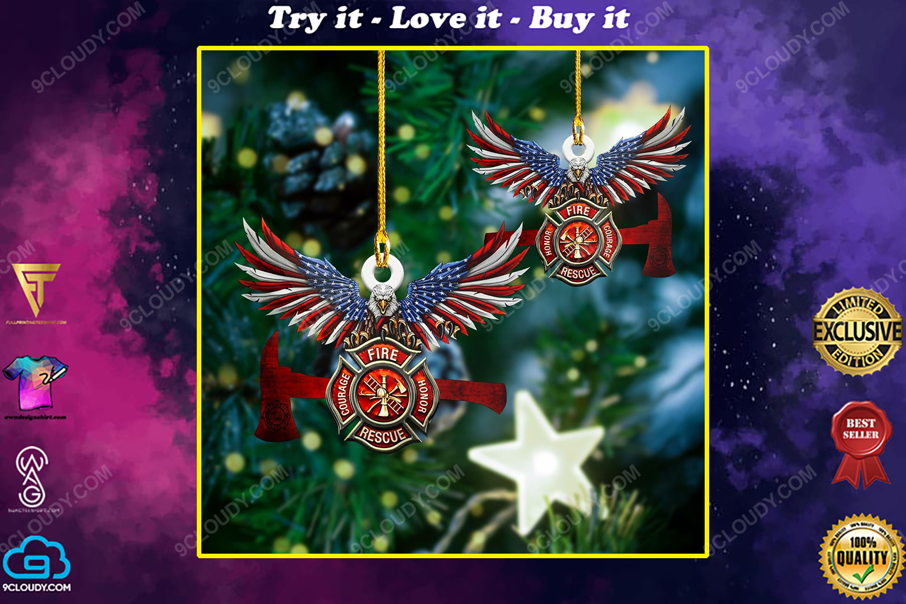 Fire equipment firefighter and eagle christmas gift ornament