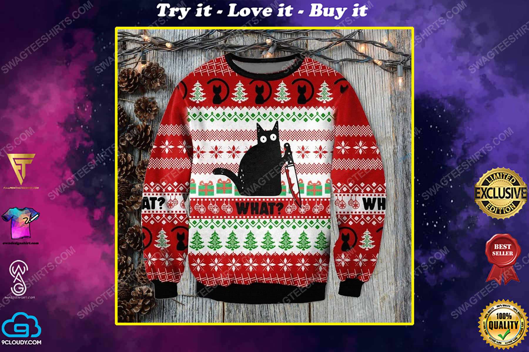 Murderous black cat with knife ugly christmas sweater 1