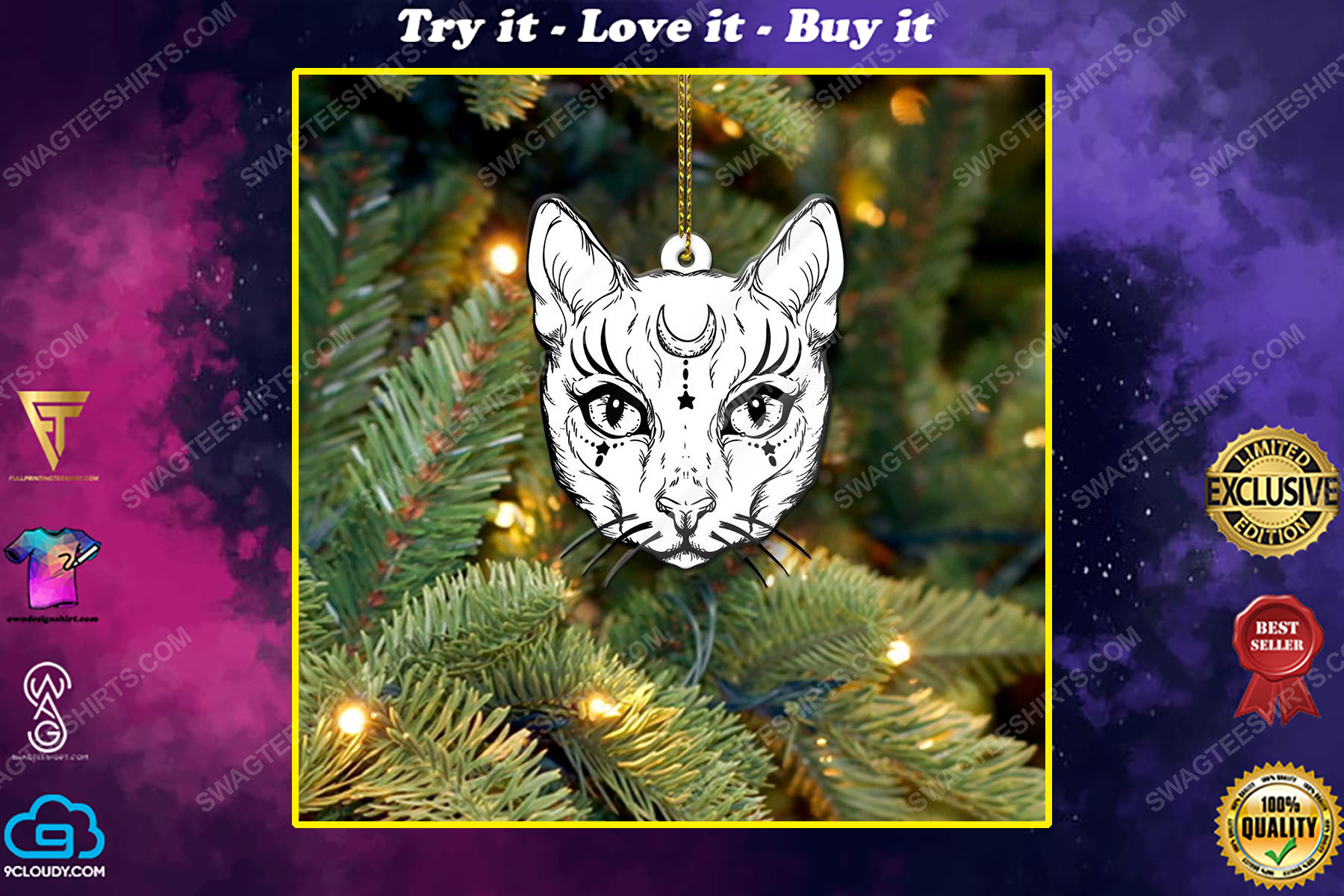 Pagan moon white cat christmas gift ornament