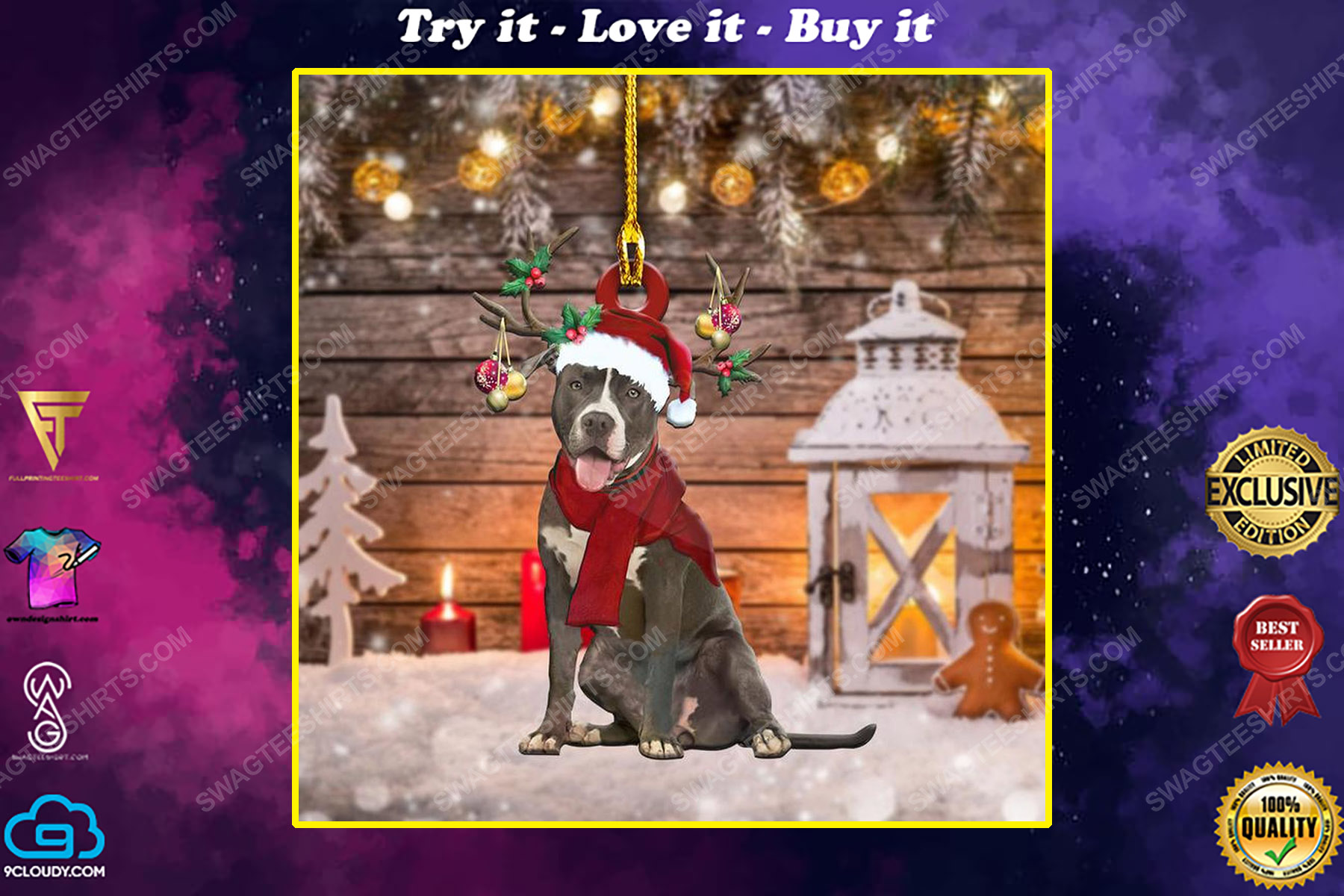 Pitbull dog and santa hat christmas gift ornament